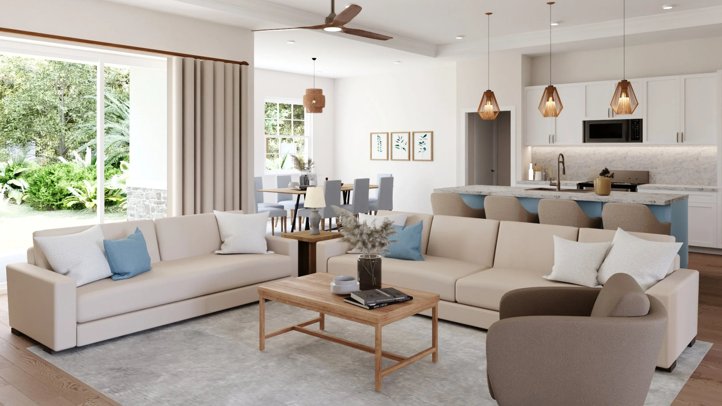 Modern open-concept living room and kitchen with cream sectional sofa, gray armchair, wooden coffee table, dining area, and kitchen island with pendant lights, large window, and sliding glass door leading outside to greenery.