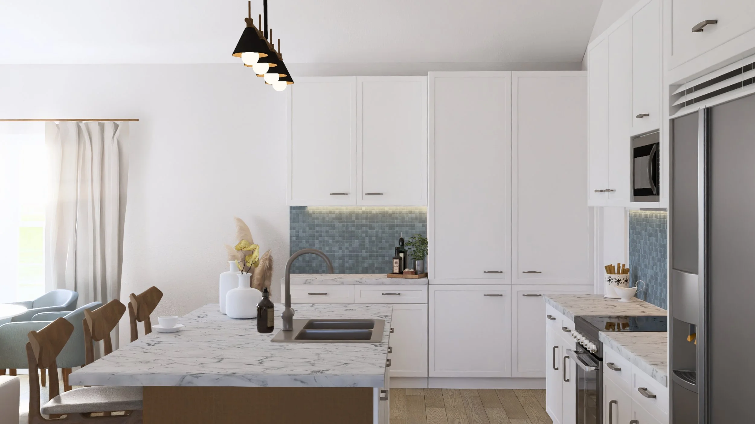 Modern white kitchen with marble island, black pendant lights, and stainless steel appliances