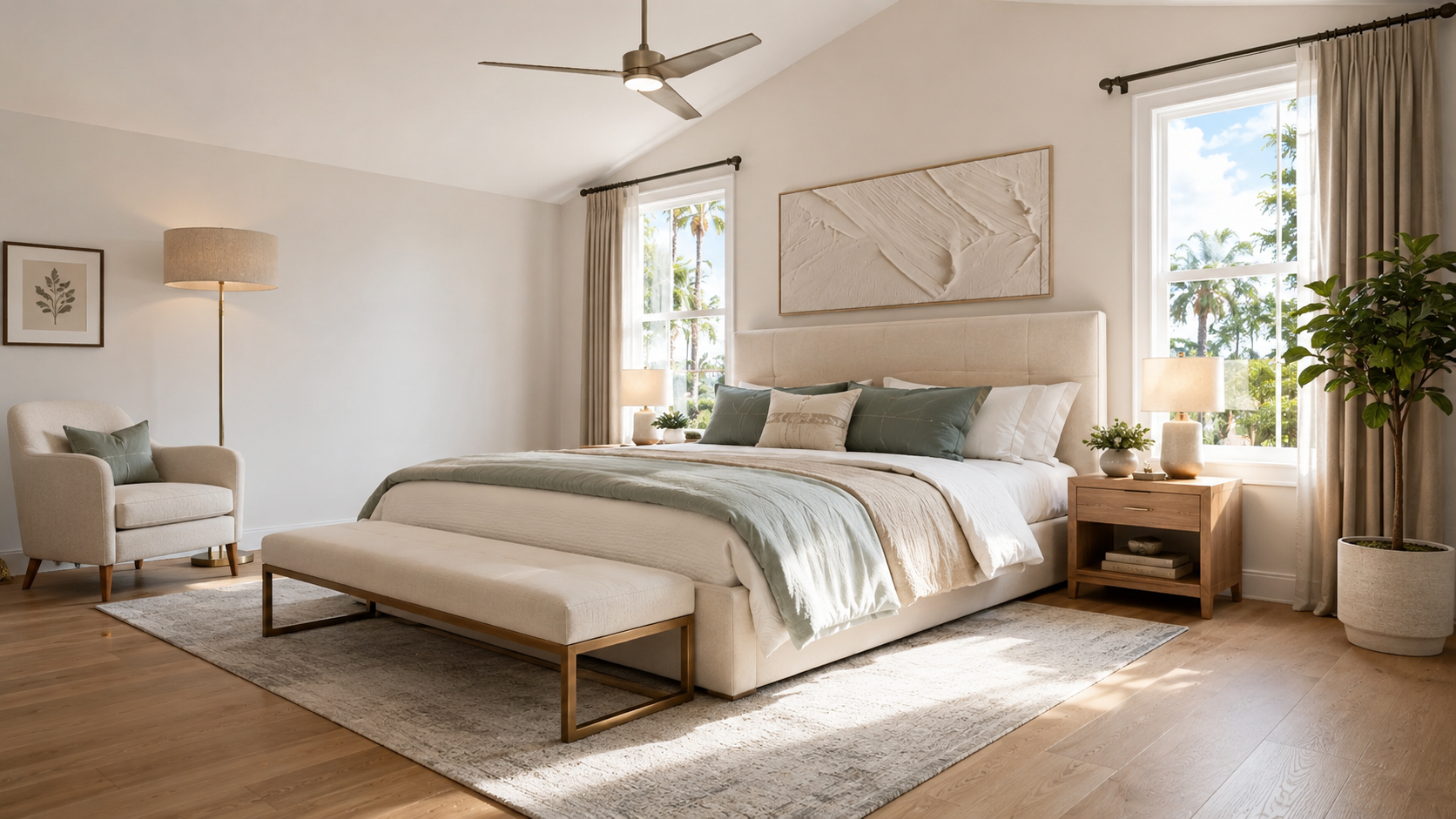 A bedroom with a large bed, beige upholstered headboard, wooden nightstands, and a plant near the window. There's an upholstered bench at the foot of the bed, a armchair, a floor lamp, and framed artwork on the walls. The room has light-colored walls