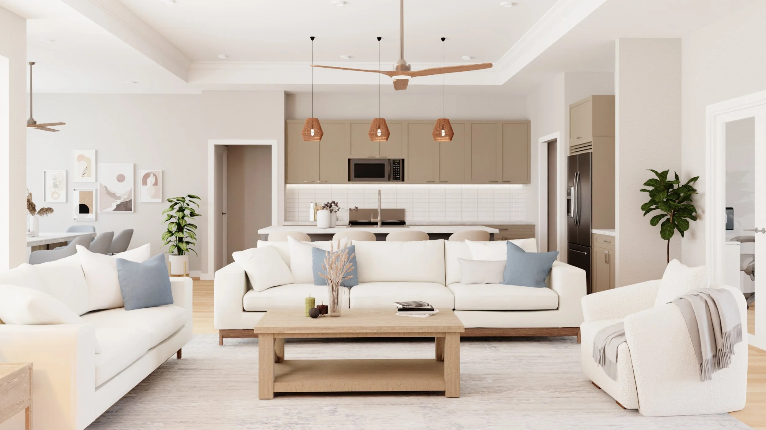 Modern living room with white sofas, light wood coffee table, and open kitchen with beige cabinets and pendant lights.