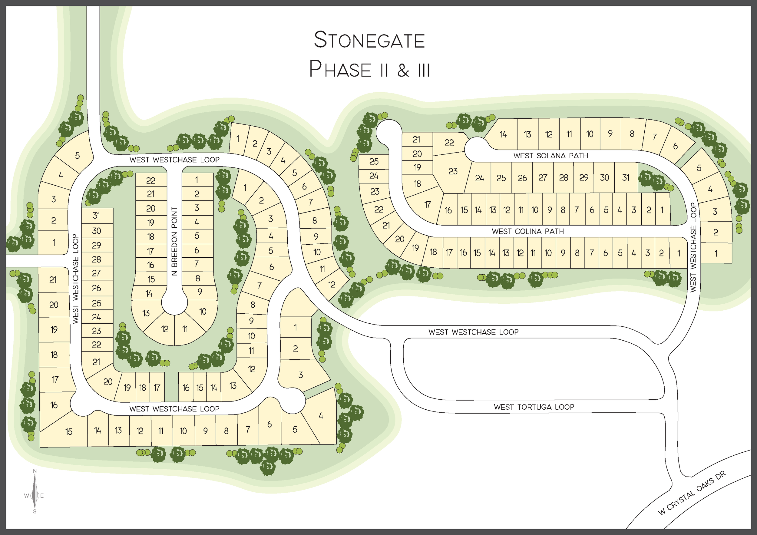 A map of the Stonegate residential area showing streets, lots numbered from 1 to 31, and surrounding green space.