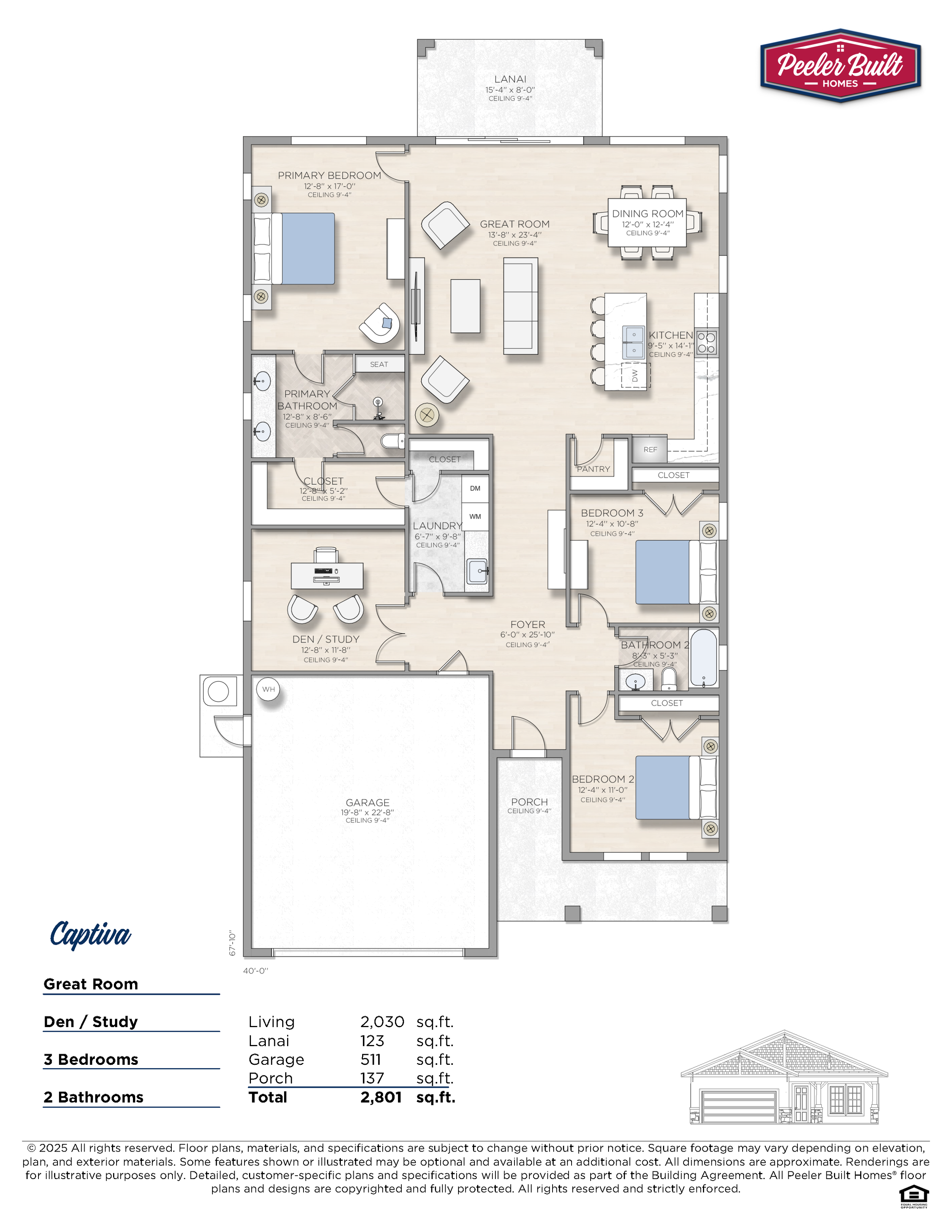Floor plan of a single-story house featuring a great room, kitchen, dining room, primary bedroom with ensuite bathroom, two additional bedrooms, two bathrooms, a den/study, laundry room, garage, porch, and lanai.