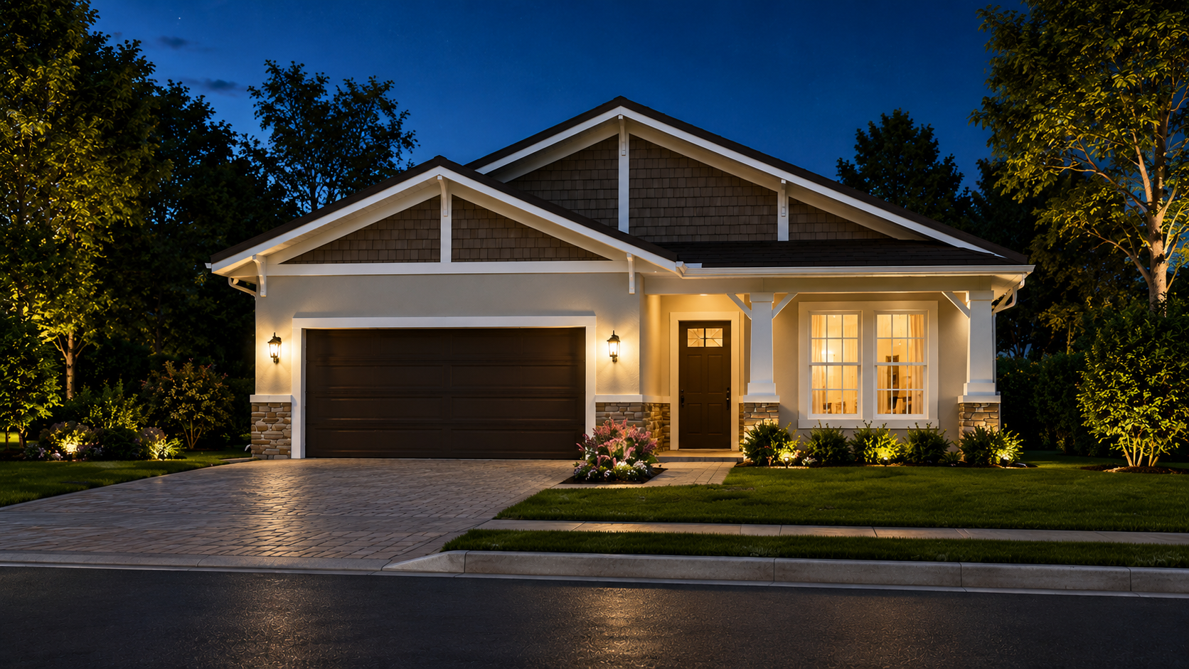 A modern house at night with exterior lighting, a two-car garage, a front door, and landscaped yard with trees and bushes.