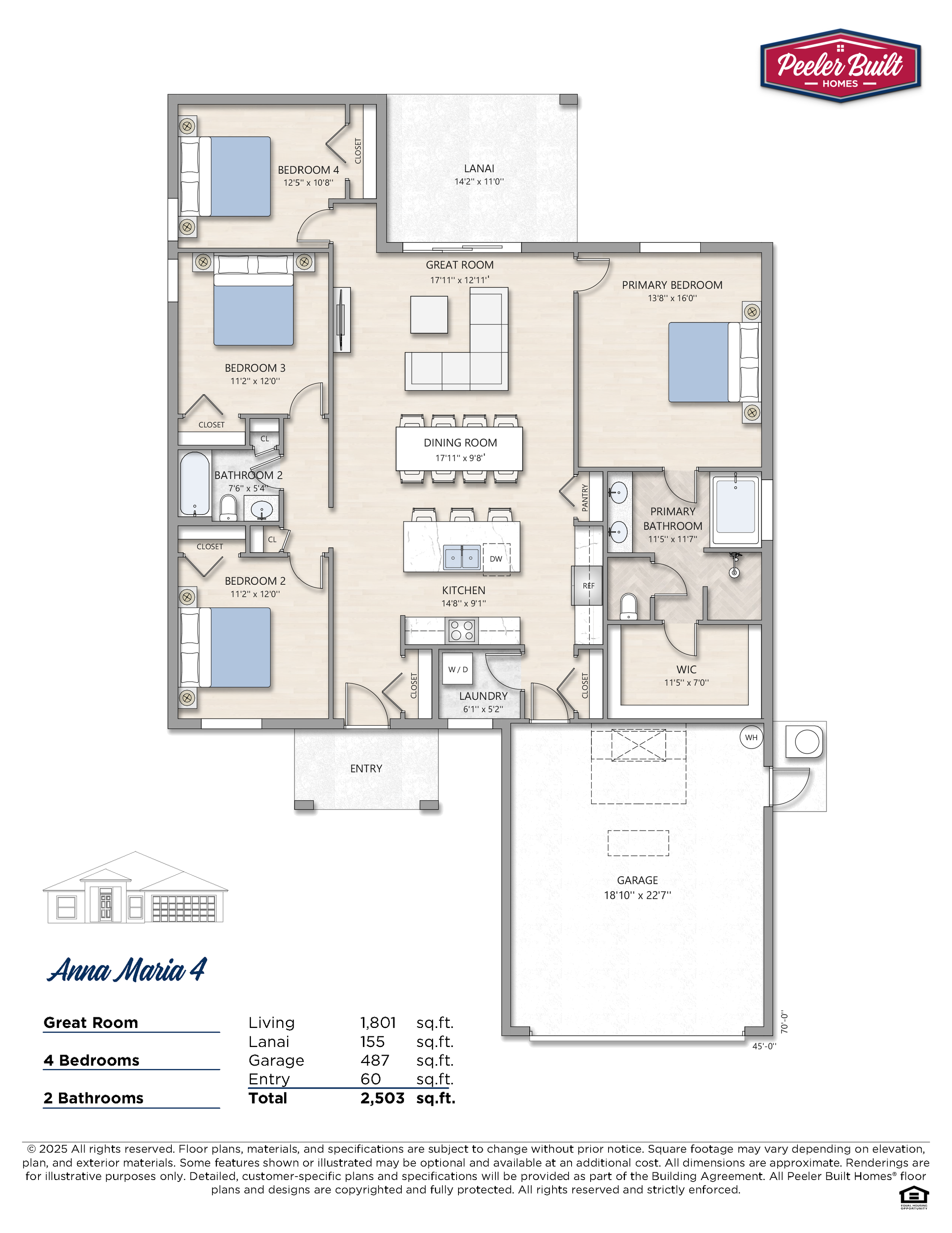 Floor plan of a house with four bedrooms, two bathrooms, a garage, kitchen, dining room, great room, laundry, and lanai. Highlighted rooms include primary bedroom with walk-in closet and primary bathroom, and other bedrooms with closets.