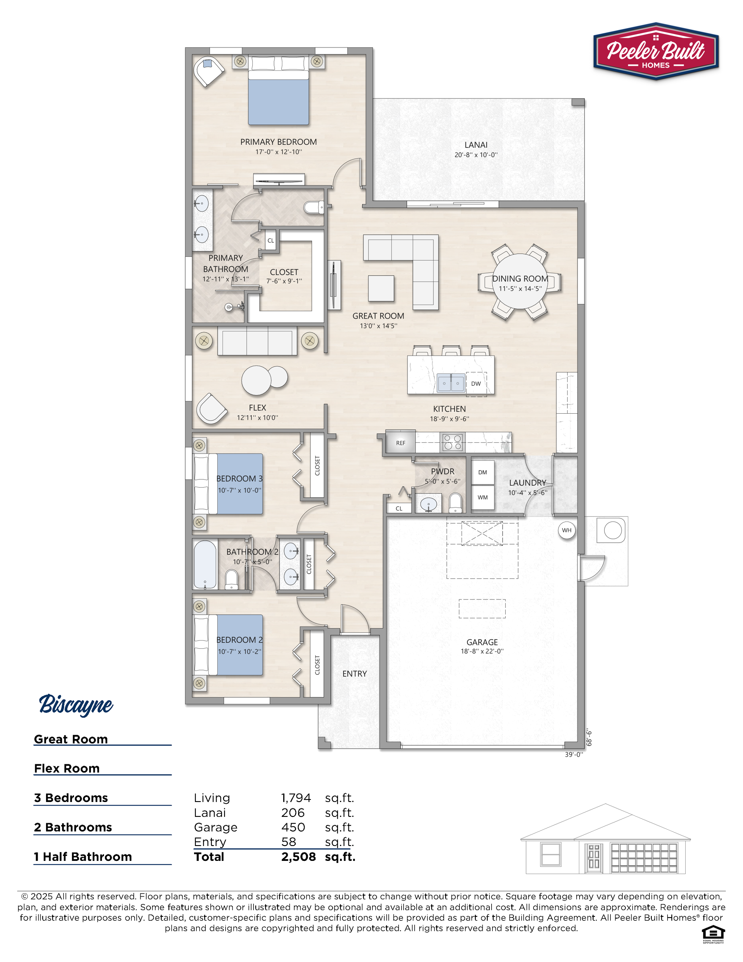 Floor plan of a single-story home with a garage, three bedrooms, two bathrooms, a spacious kitchen and living room, laundry room, flex room, and a lanai at the back.