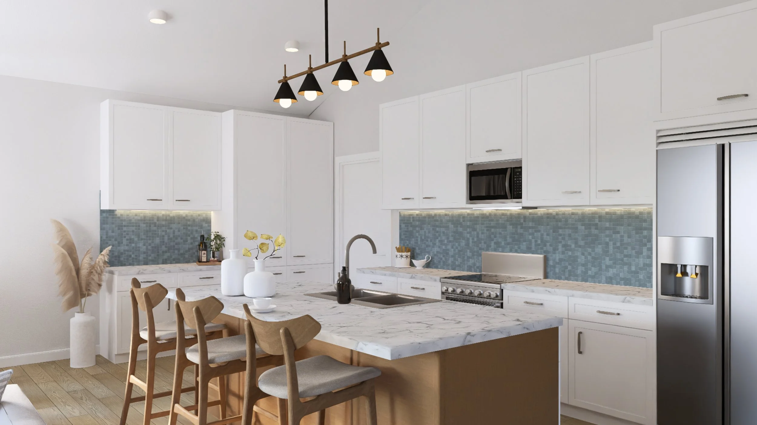 Modern kitchen with white cabinets, marble island with three wooden chairs, blue tile backsplash, stainless steel refrigerator, microwave, and oven. Decor includes white vases with plants and a black soap dispenser.
