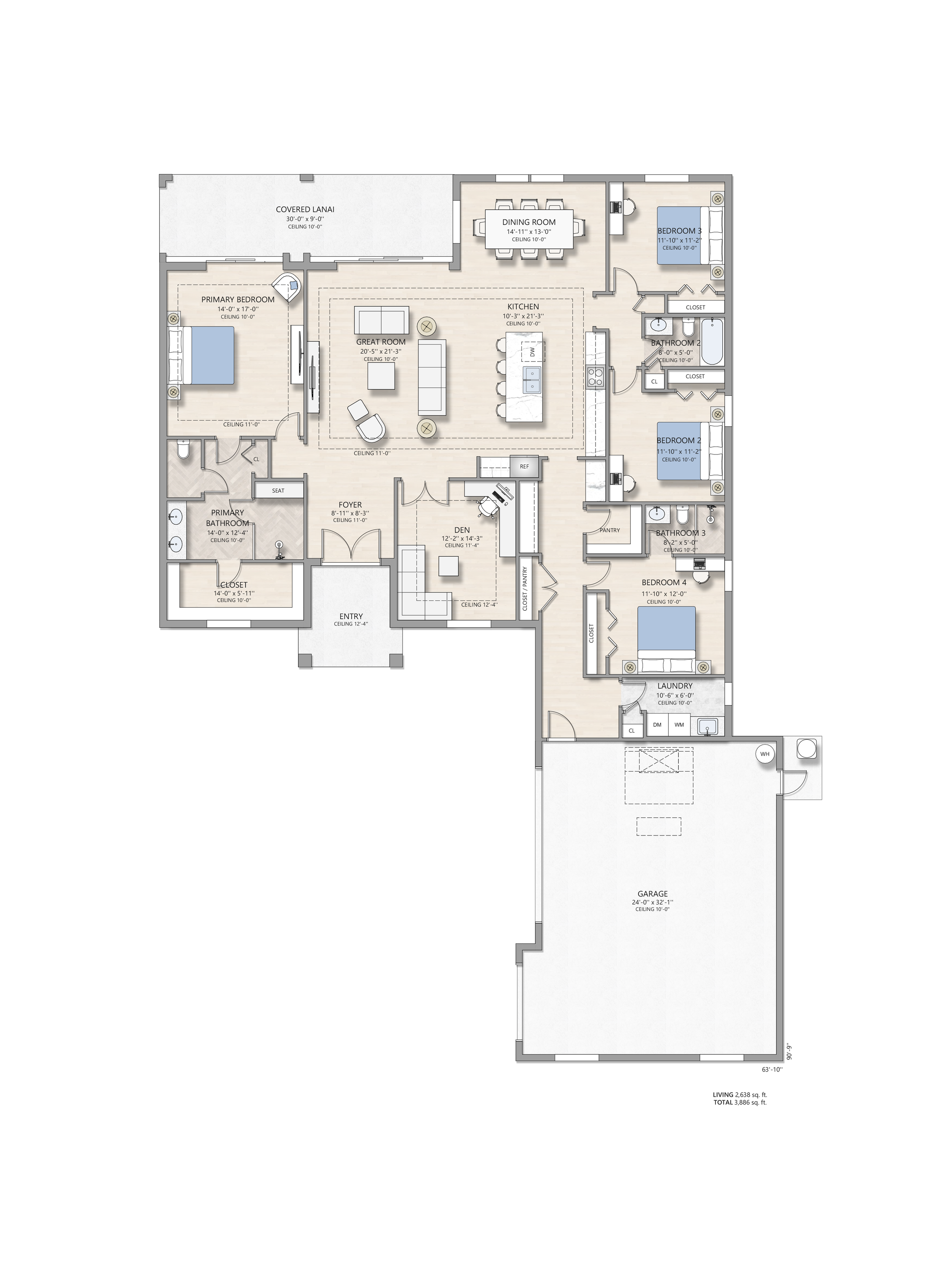 A detailed floor plan of a house showing various rooms including bedrooms, bathrooms, kitchen, dining room, great room, den, laundry, garage, and outdoor covered lanai with labels and measurements.