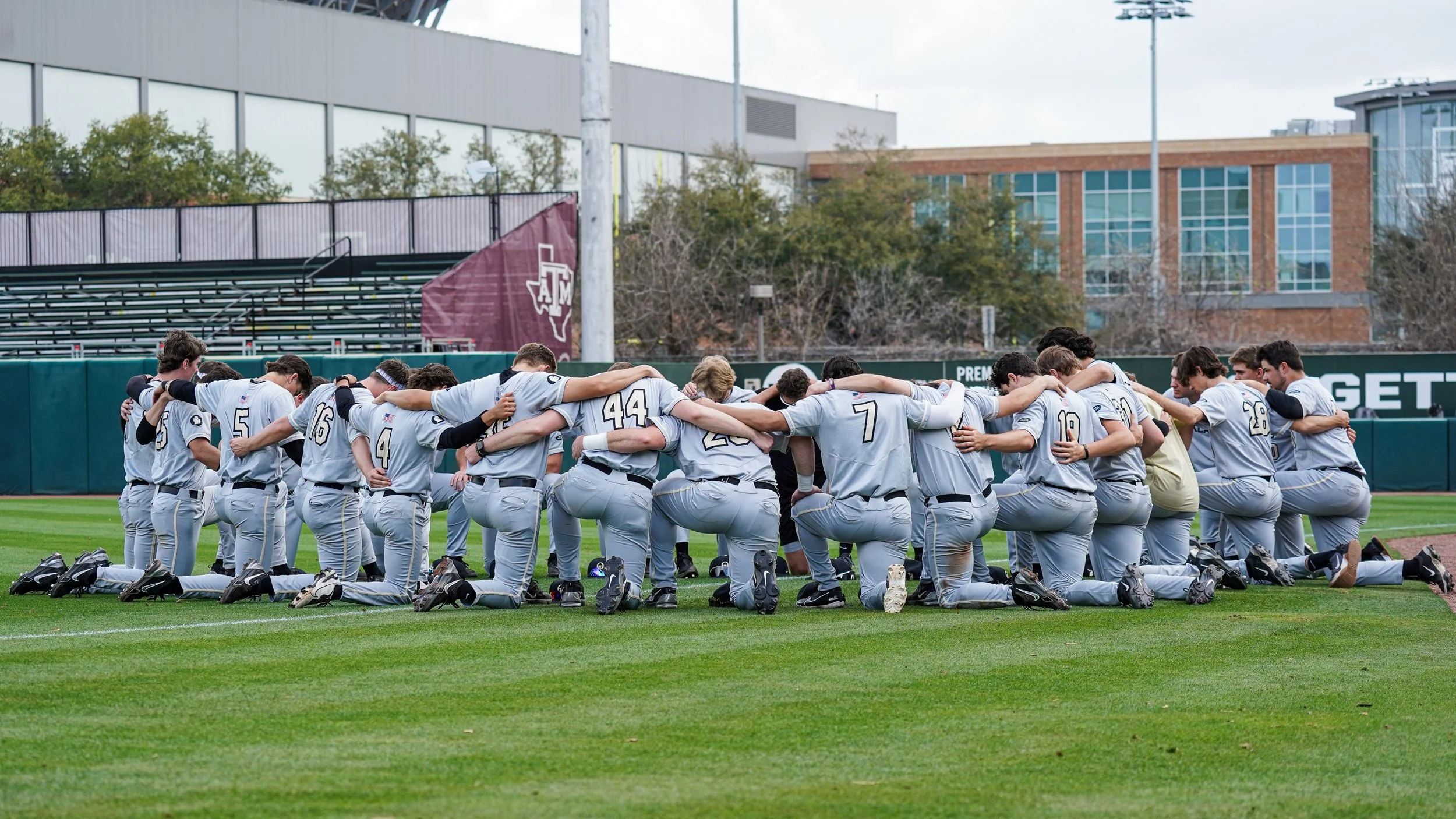 Prior to the game vs Texas A+M on March 7, the Golden Grizzlies gather to pray as a team.