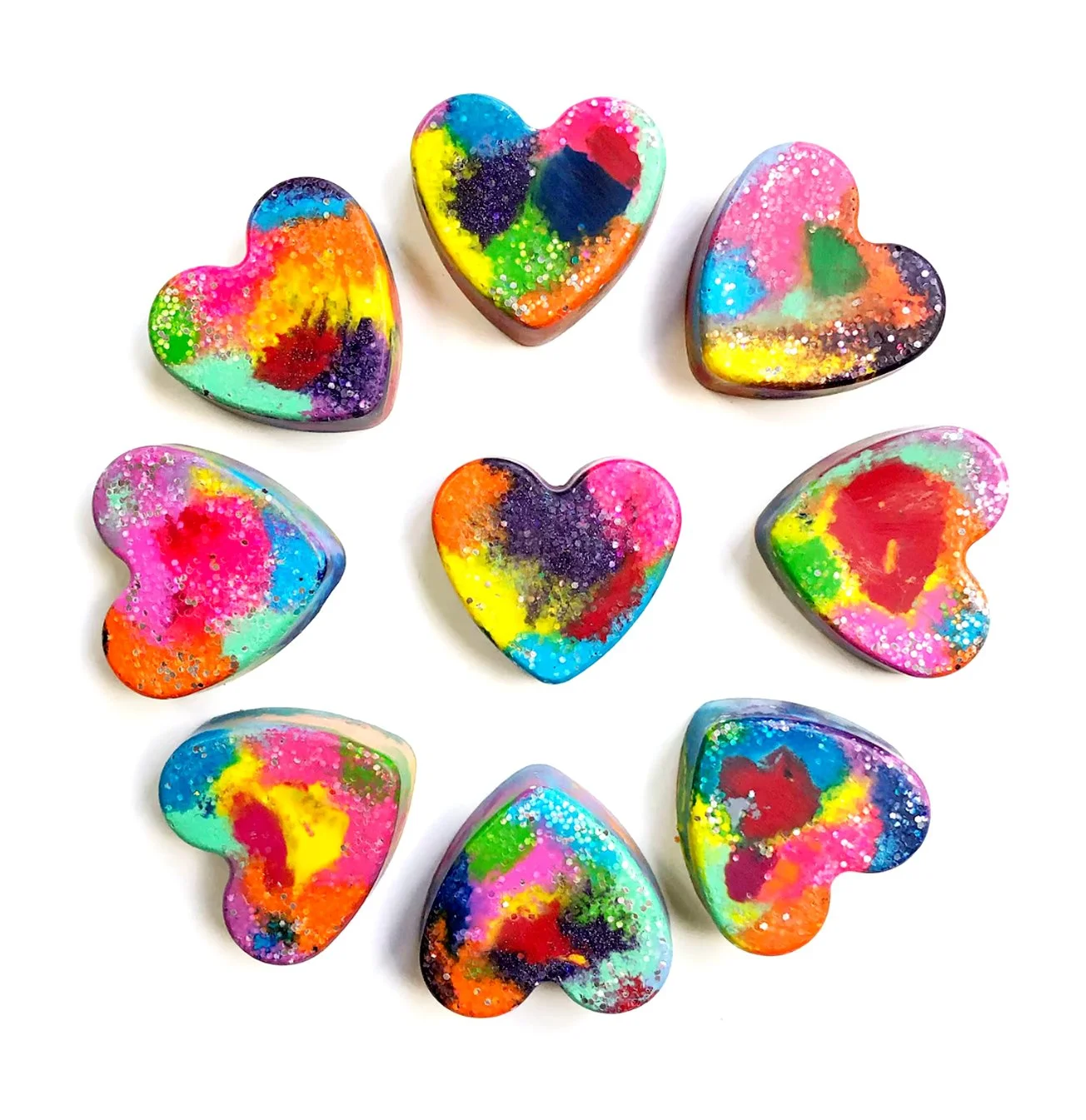 Heart shaped handmade crayons with glitter