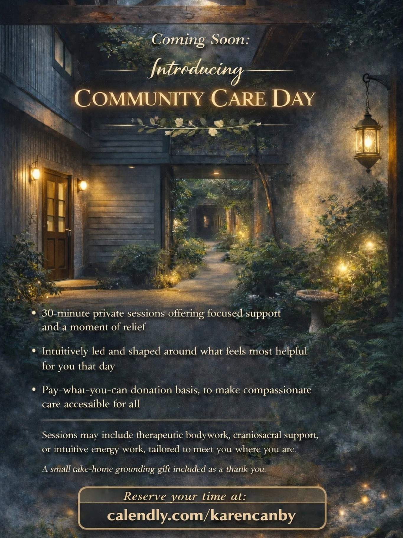 🌿 Community Care Day &mdash; Evanston
Donation-Based Mini Sessions
Karen Canby Holistic Therapies

Taking time for yourself shouldn&rsquo;t feel out of reach.

Join me for a Community Care Day offering shorter, accessible sessions created to provide
