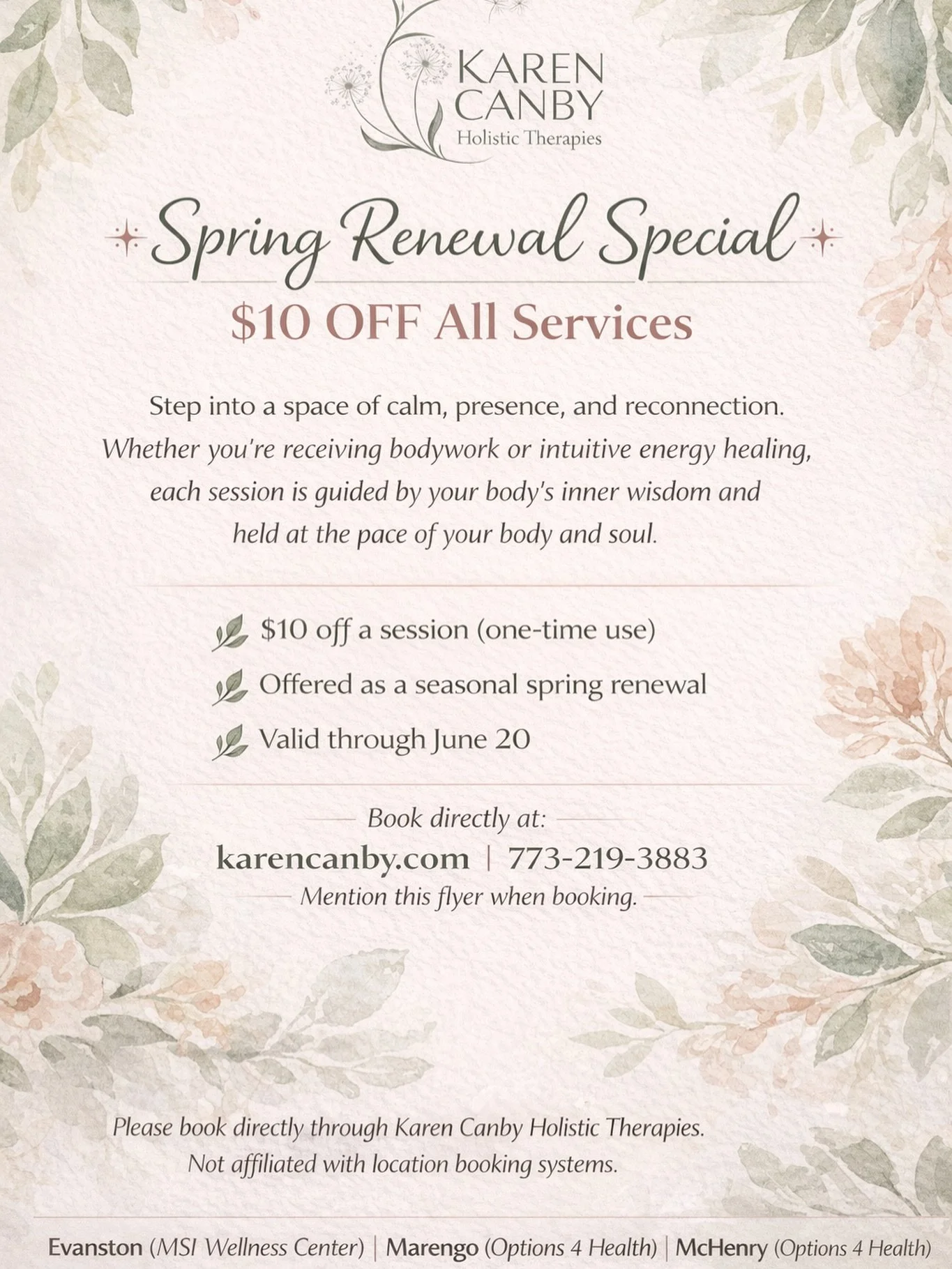Step into the spring season with a little 🎁 from me to you! 
#intuitiveenergyhealing 
#massageandbodywork 
#Craniosacral
#Acupressure
#AromaAcupoint