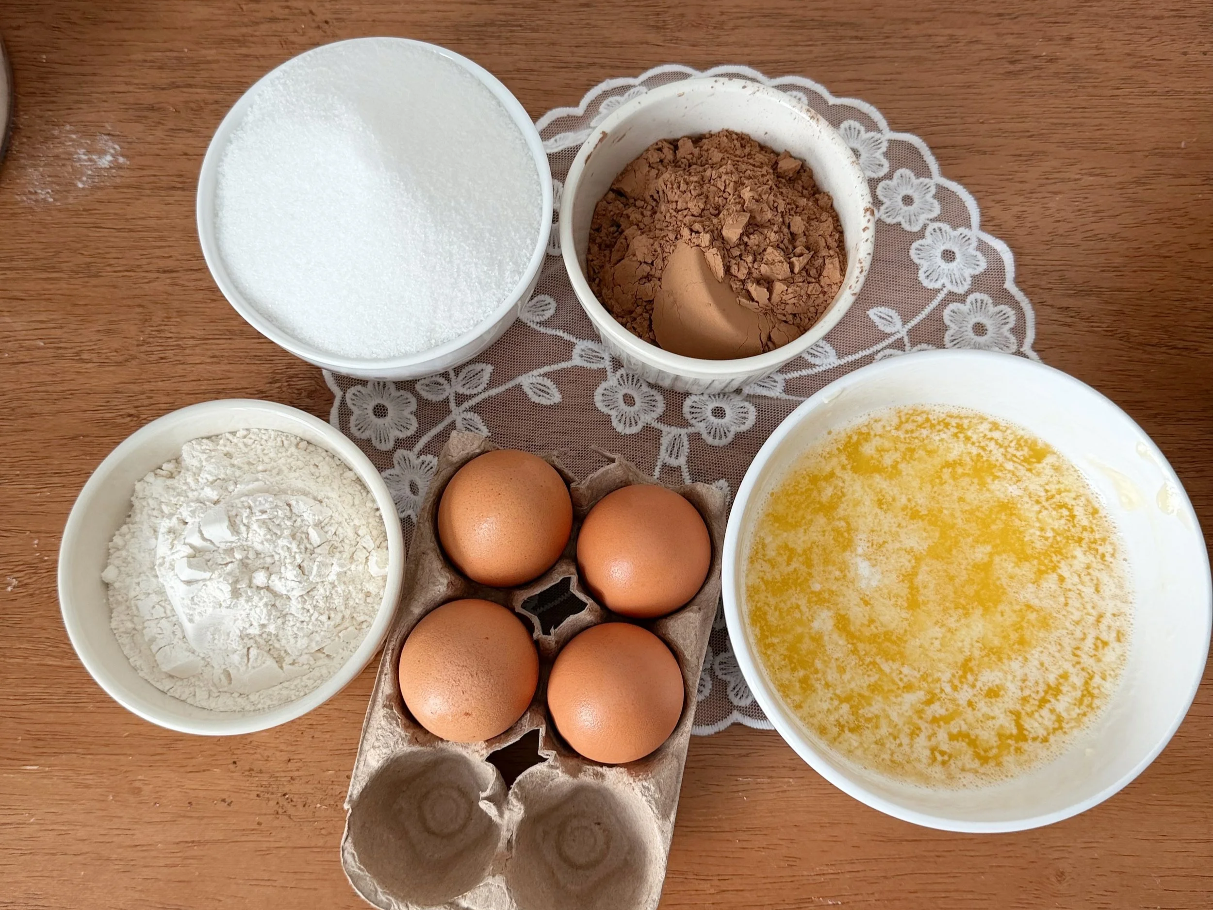 Lay of Sugar  Eggs  Butter (bonus points if you brown it!)  Cocoa powder  All-purpose flour needed for brownies