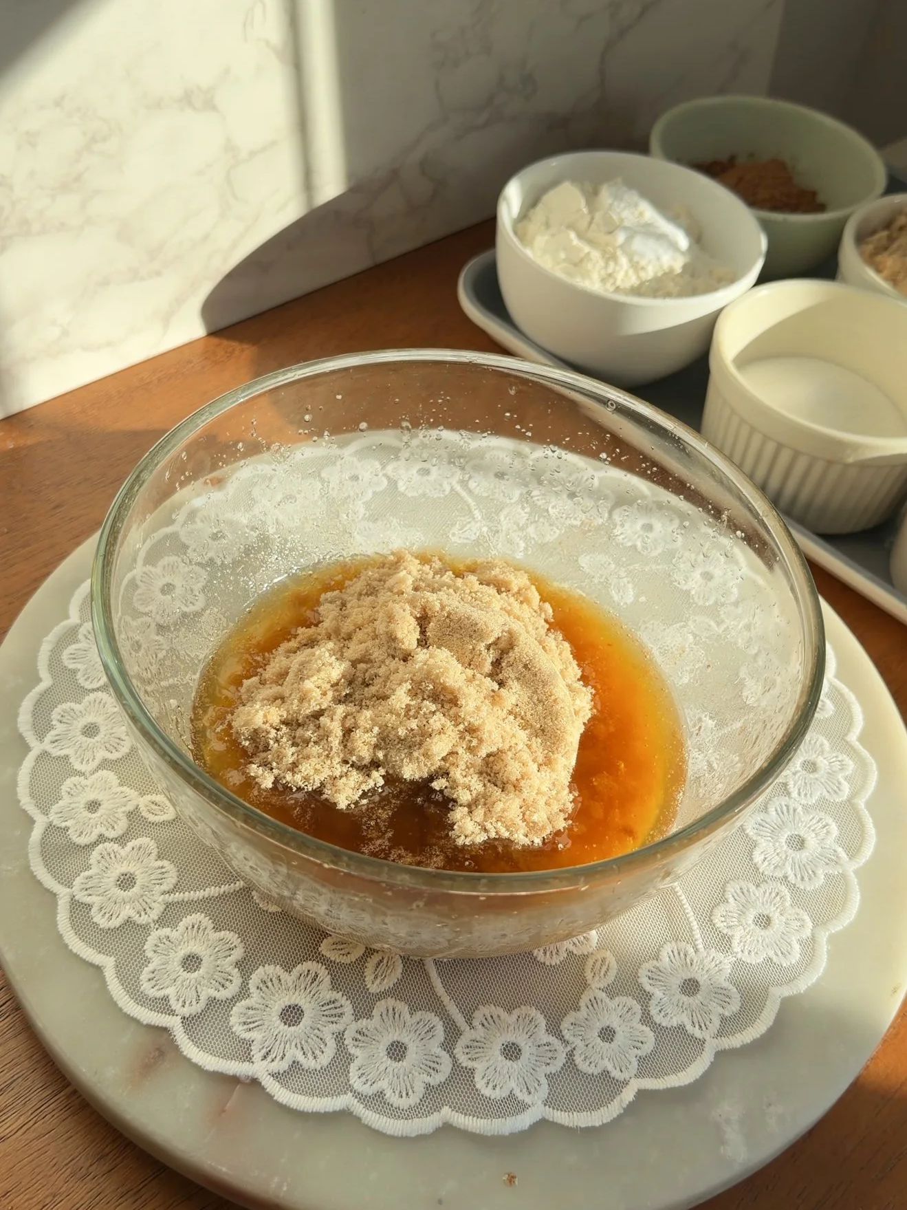 brown sugar added to brown butter in mixing bowl