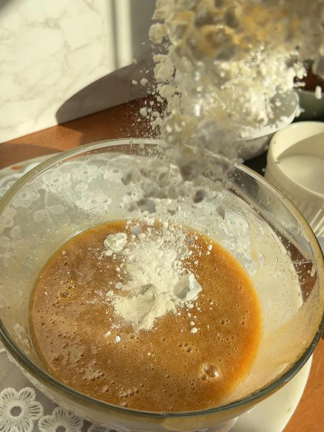 flour added to wet cookie ingredients. 