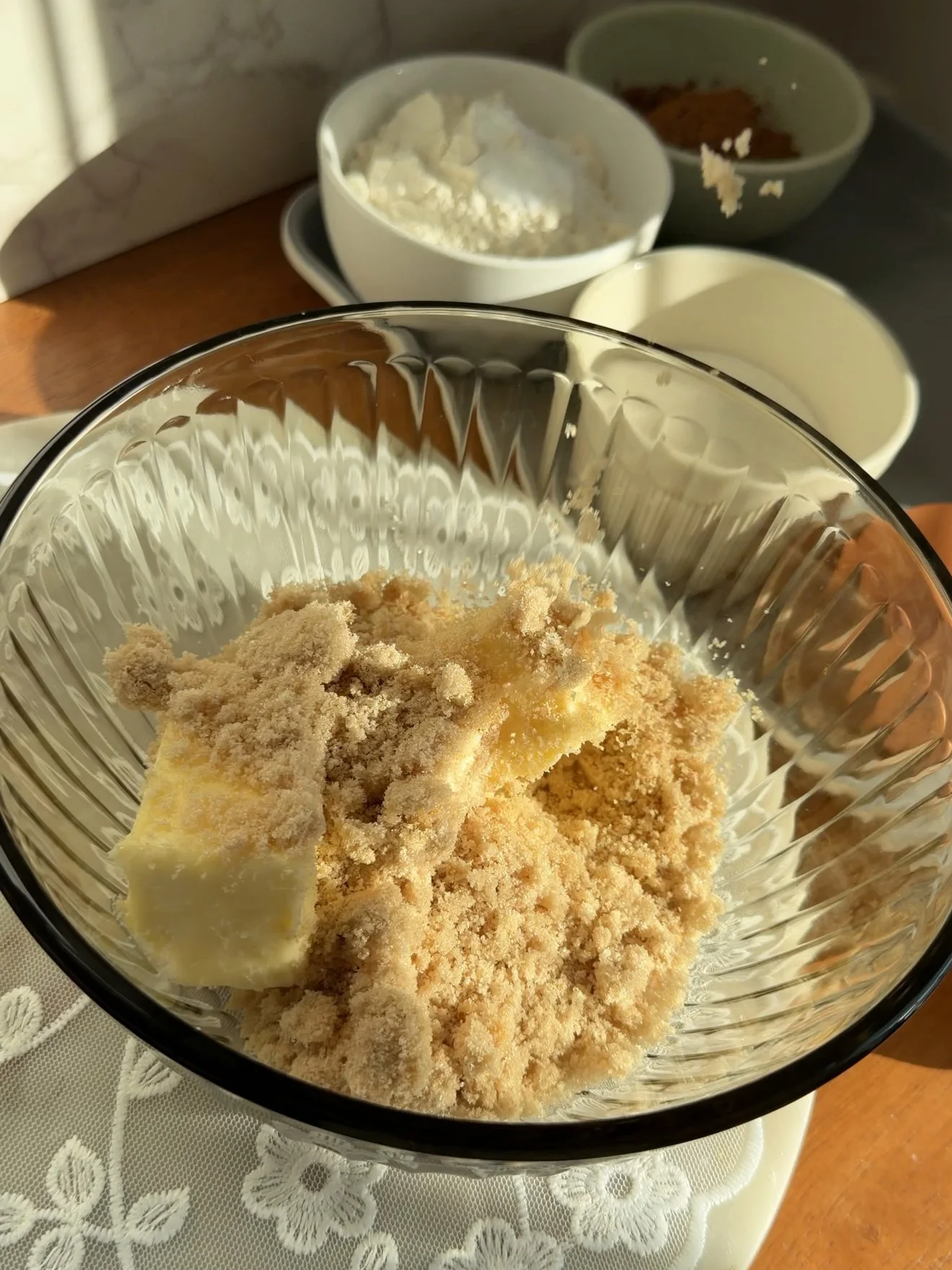 brown sugar added to butter in mixing bowl 