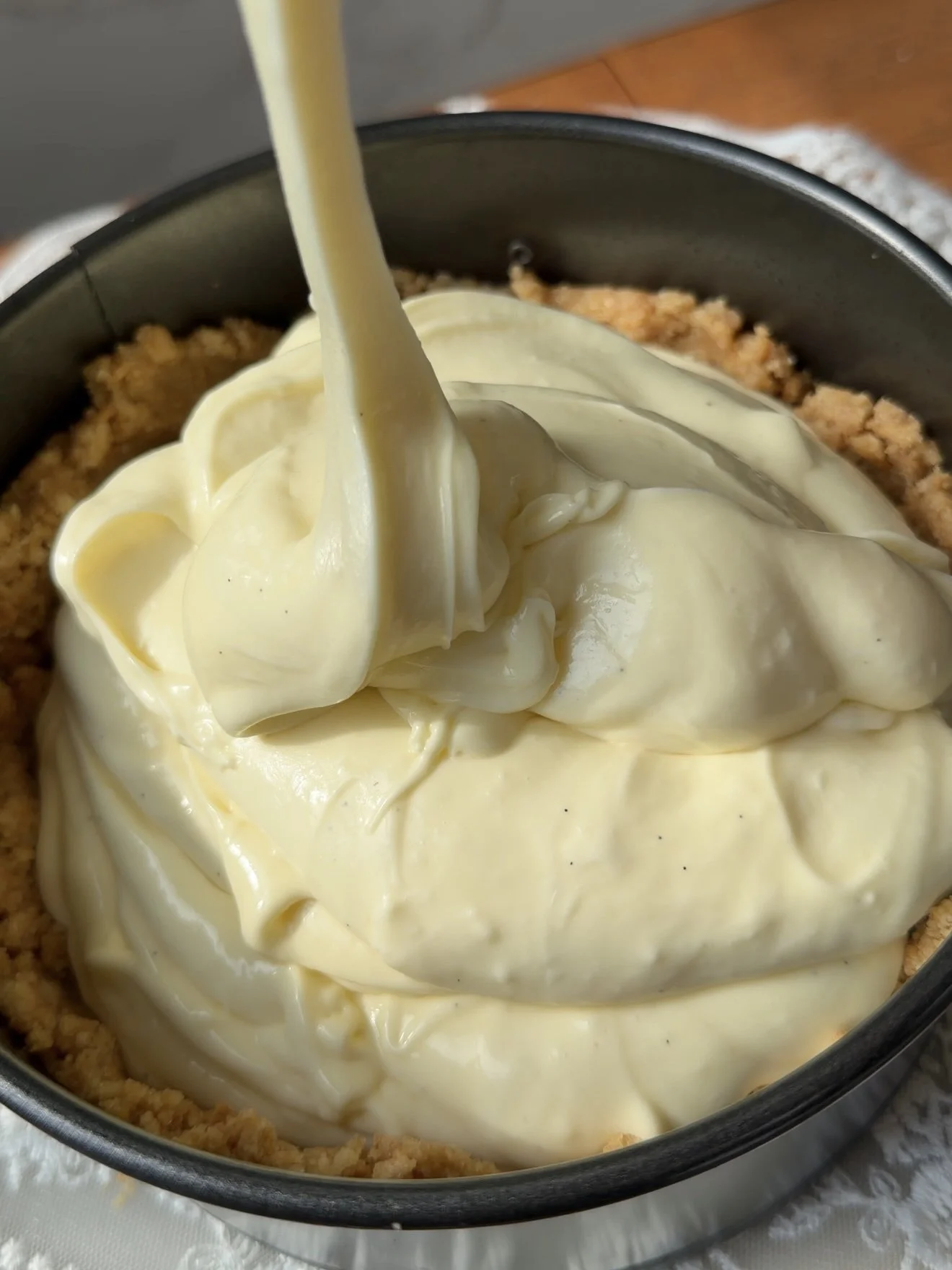 Cream cheese mixture added to 6 inch springform pan