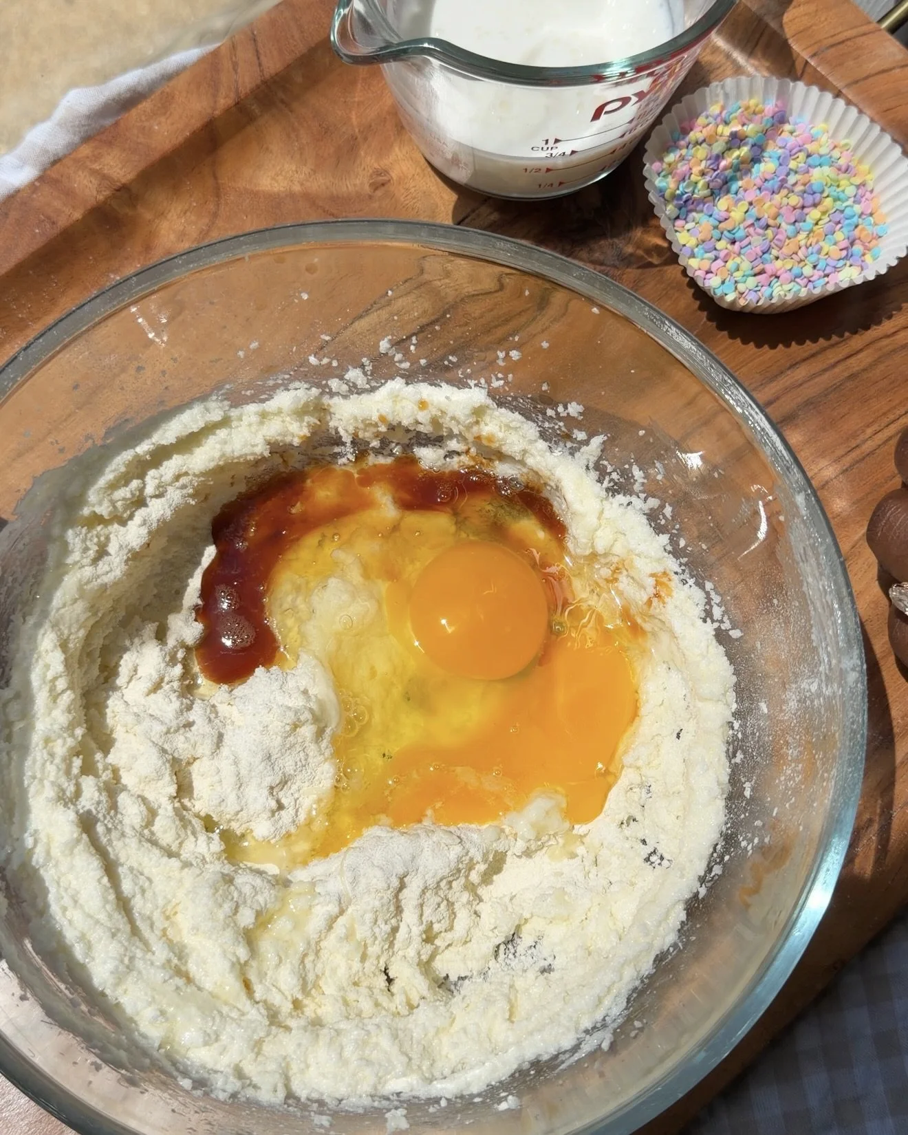 wet ingredients in glass mixing bowl on the counter (Copy)