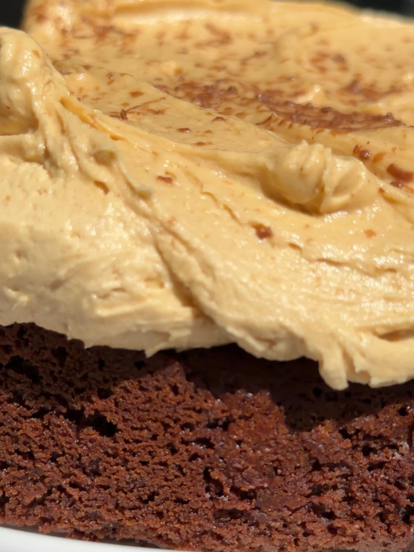Close up of chocolate cake layer and peanut butter frosting layer. 