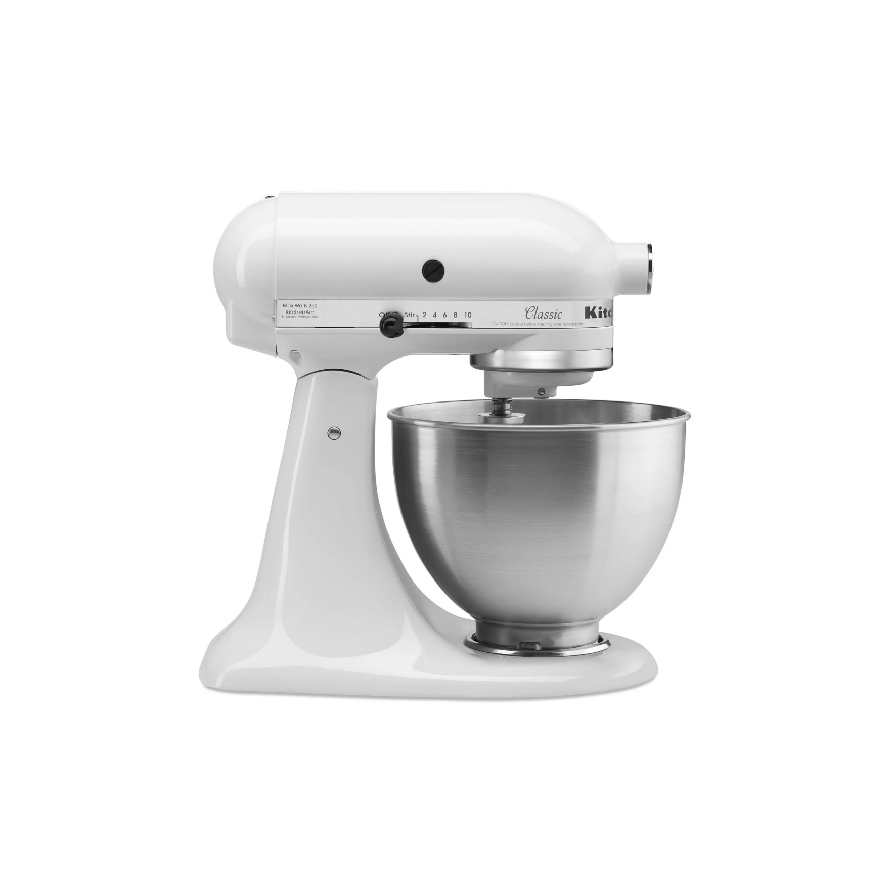 A white stand mixer with a stainless steel mixing bowl attached, set against a white background.