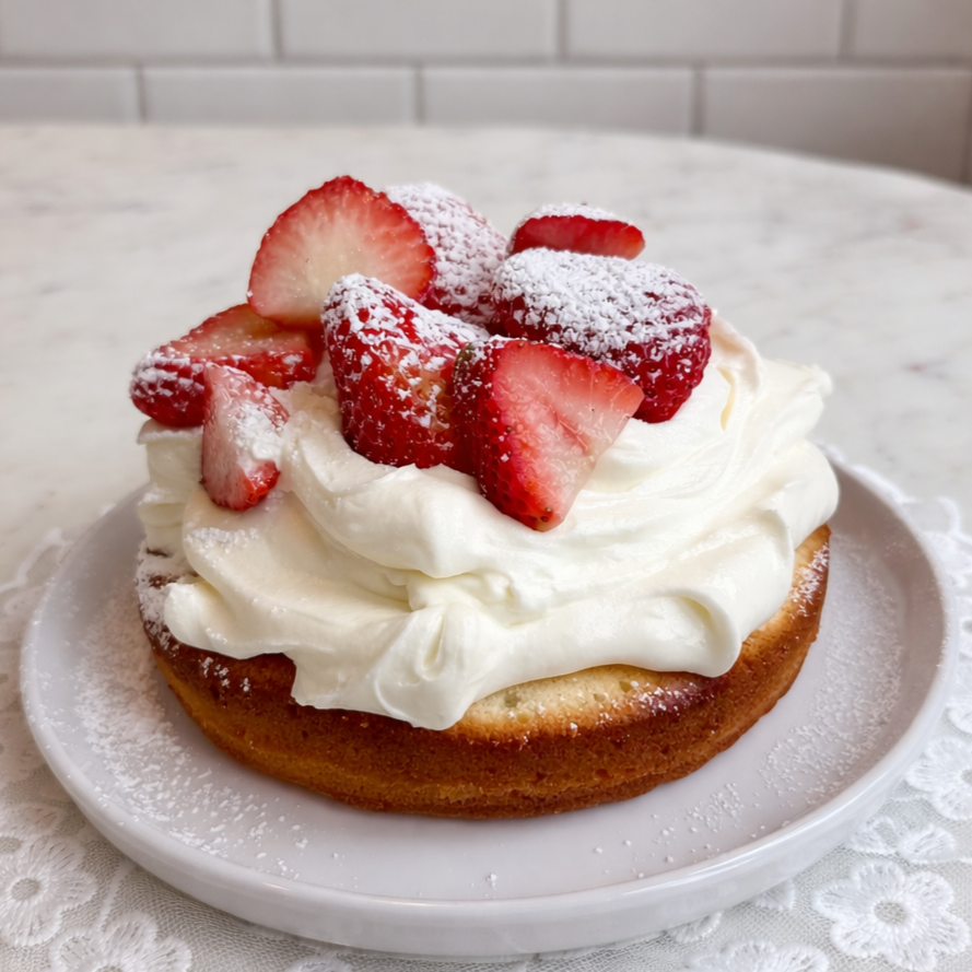 Mini strawberry shortcake topped with fresh whipped cream and sliced strawberries