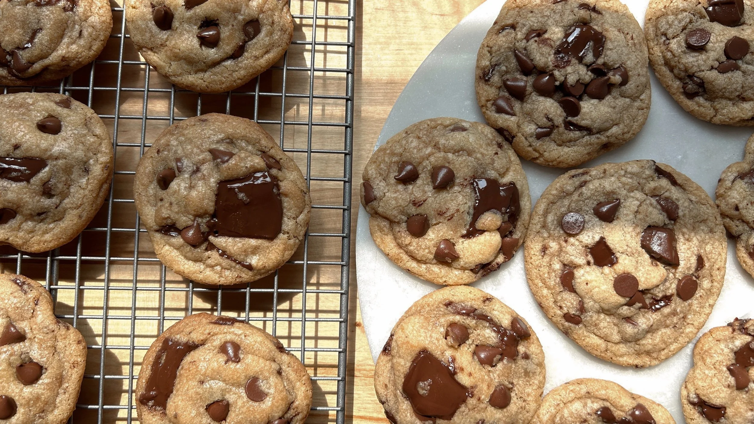 Brown butter chocolate chip cookies on cooking rack