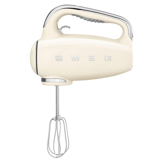 Cream-colored handheld electric mixer with a wire whisk attachment and the brand name SMEG embossed on the side.