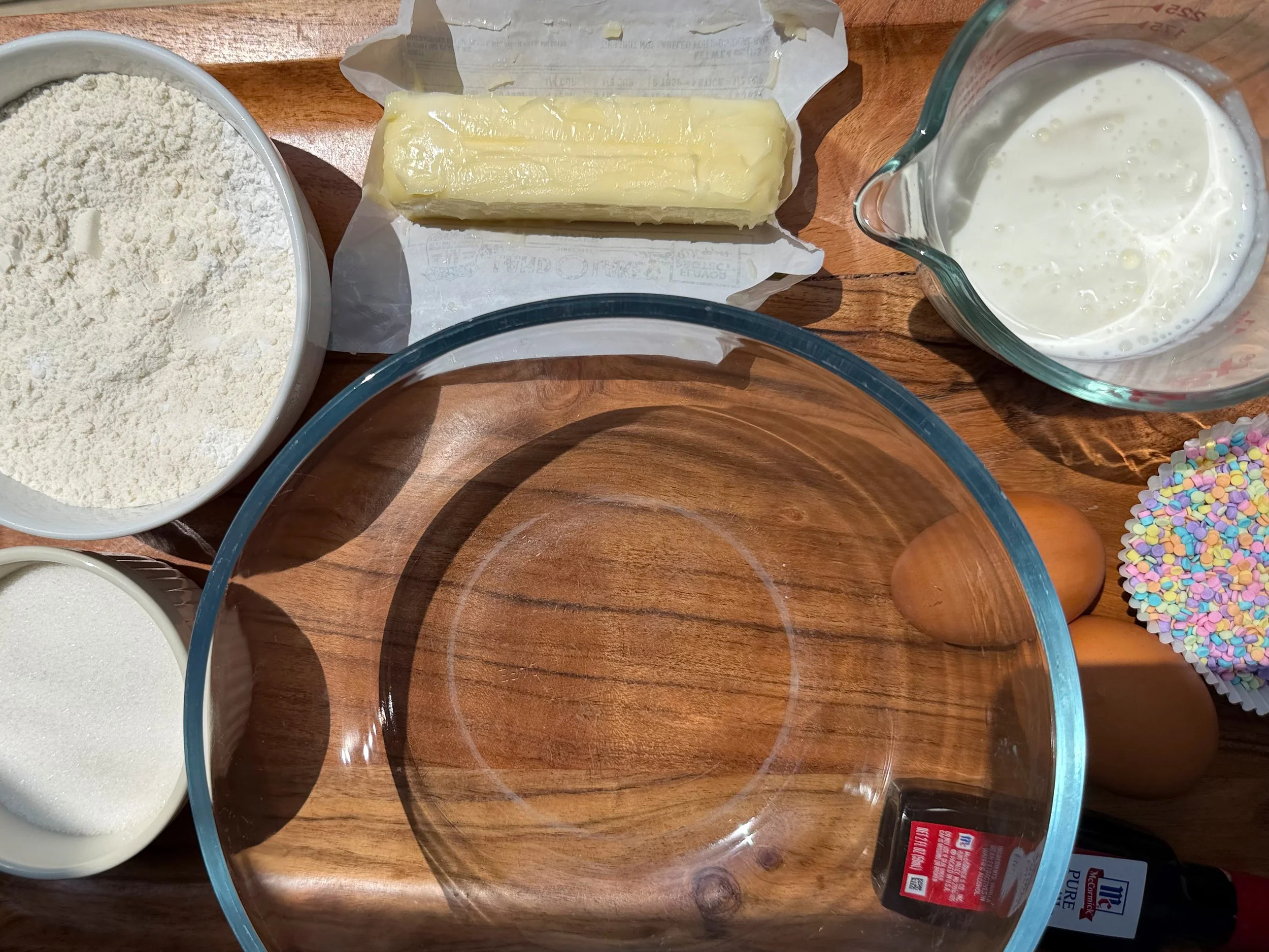 ingredients for funfetti cupcakes on counter