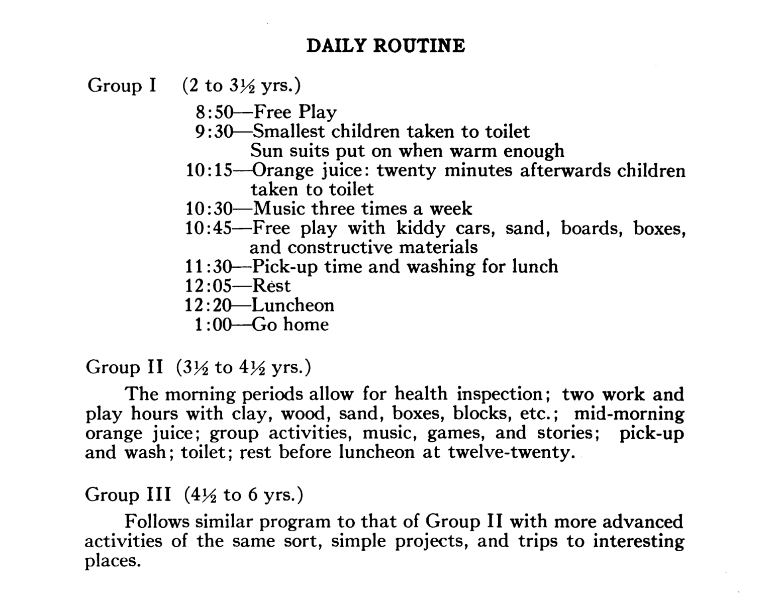 Daily routine schedule for preschool children with activities and times listed, including free play, bathroom breaks, lunch, rest, and going home.