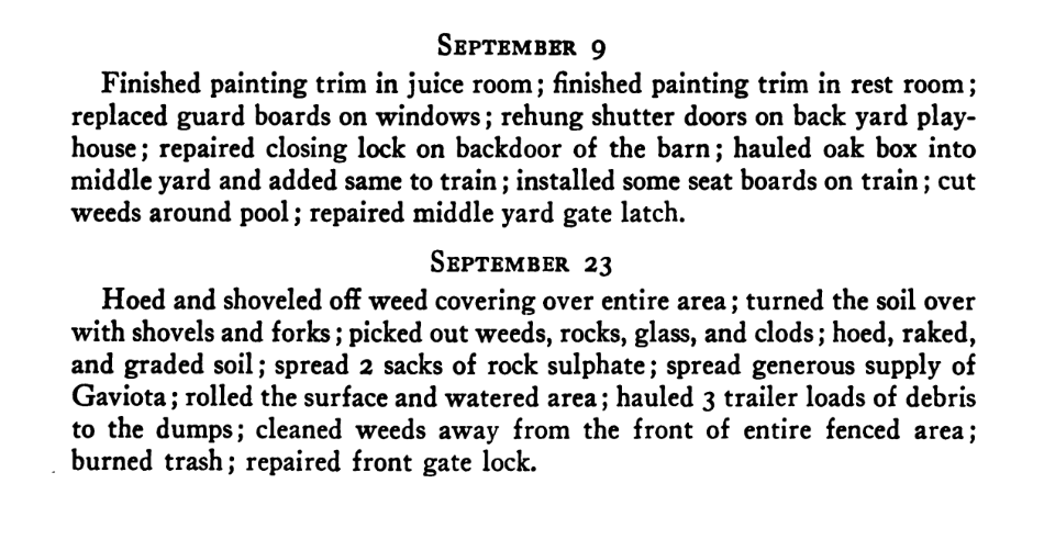 A typed document with entries dated September 9 and September 23, detailing maintenance activities such as painting, repairs, yard work, and cleaning tasks.