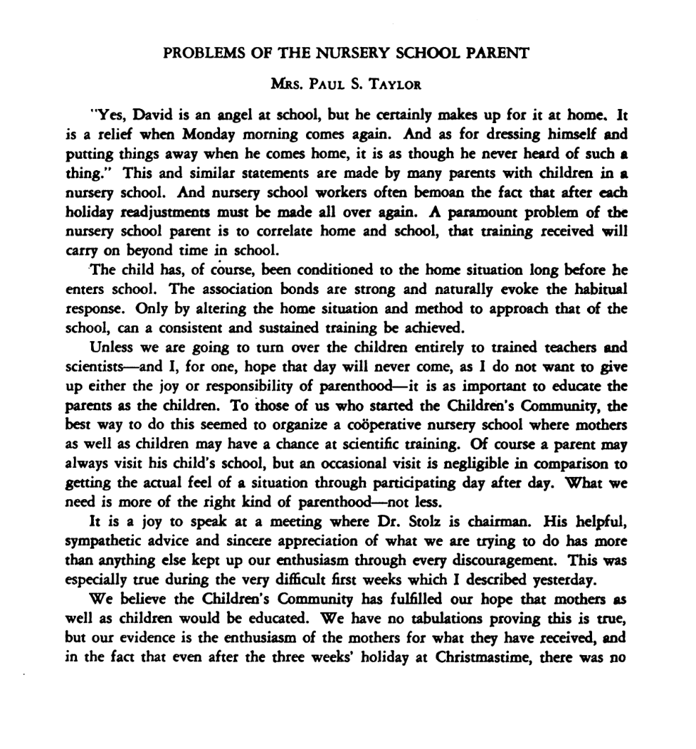 A typewritten page titled "Problems of the Nursery School Parent" by Mrs. Paul S. Taylor discussing parental involvement in nursery education and community efforts.