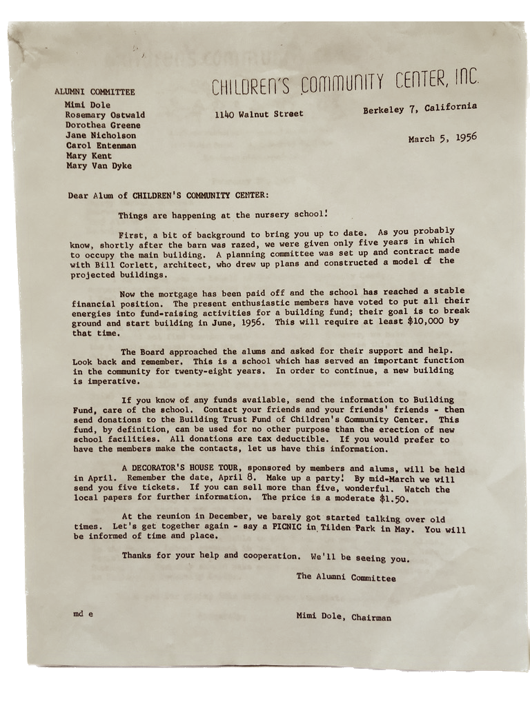 A typewritten letter from the Children's Community Center Inc., dated March 5, 1956, discussing nursery school activities, new building plans, fundraising, a house tour event, and alumni reunion, signed by Mimi Dole, Chairman.