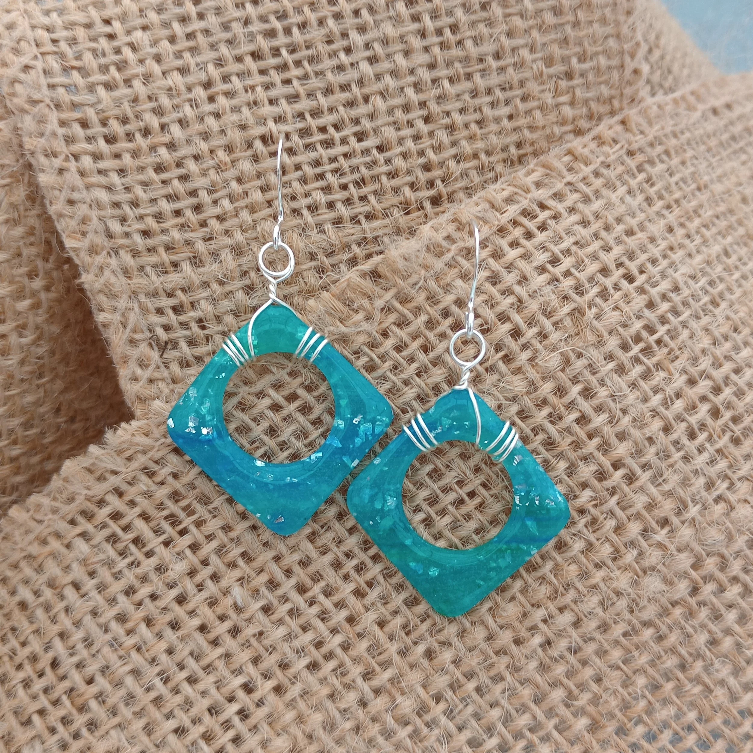 Turquoise polymer clay earrings with wire wrapping