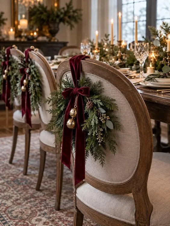 Elegant Christmas dining room with velvet ribbon and evergreen wreath decorations on upholstered chairs, candles, and a festive table setting