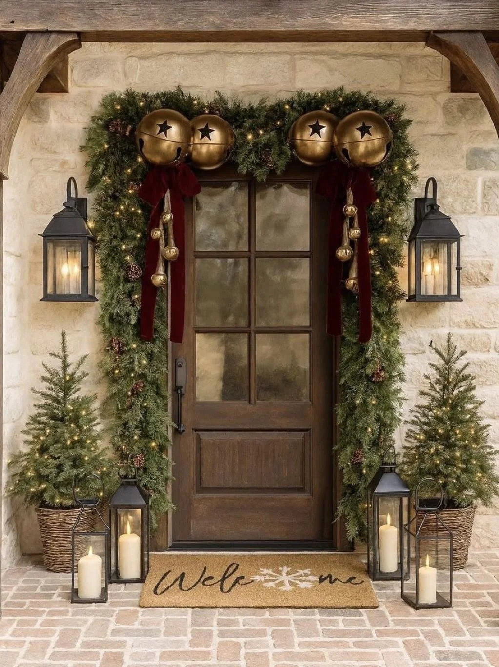 Christmas-decorated entryway with a garland-wrapped wooden door, brass bells, red ribbons, lanterns, potted evergreen trees, and a "Welcome" doormat.
