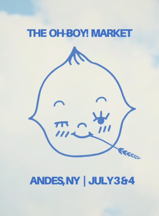 A playful logo featuring a lemon with a smiling face, closed eyes with long lashes, and a small leaf stem, with event details for The Oh Boy! Market in Andes, NY, on July 3rd and 4th.