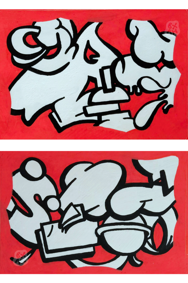 Street art graffiti featuring abstract black and white shapes on a red background, resembling stylized cartoon characters.