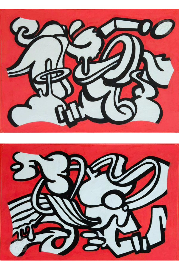 Two abstract graffiti-style paintings on red backgrounds featuring black and white shapes and lines.