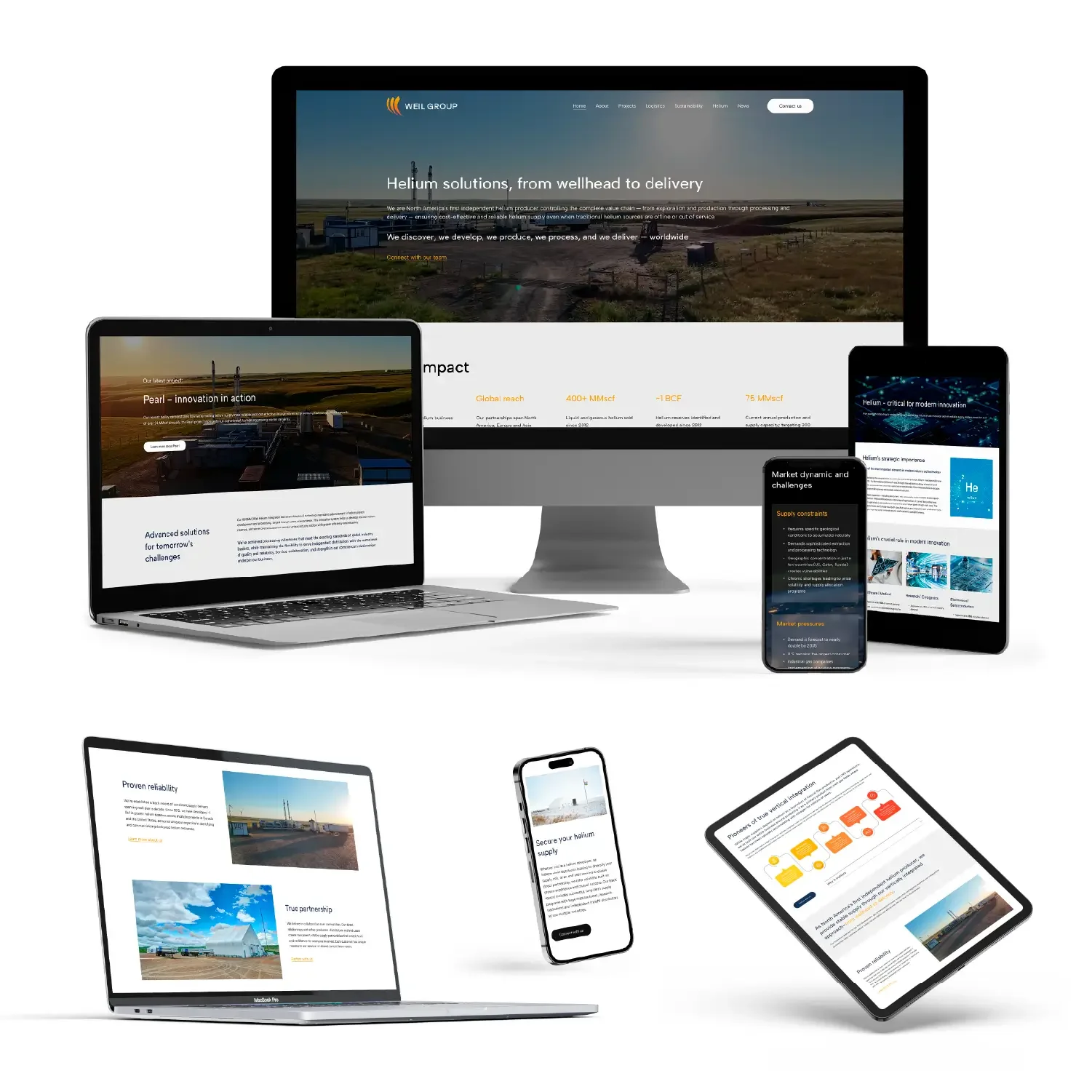 Pages from the new B2B helium producer website displayed across multiple devices