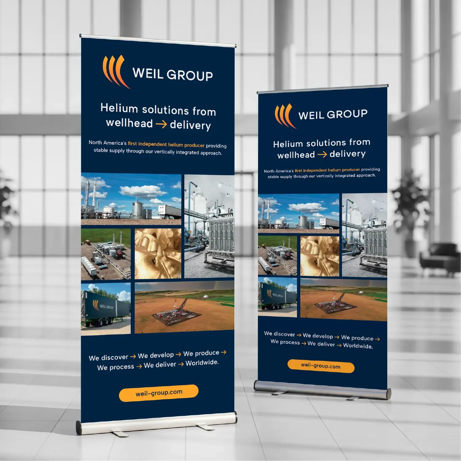 B2B helium producer trade show banner designs featuring the refreshed brand identity