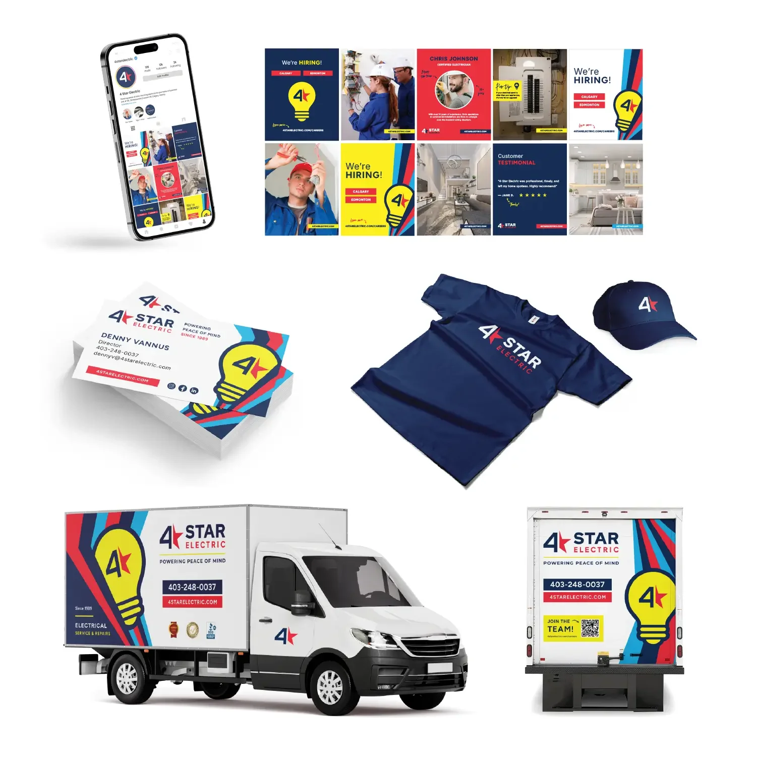 Case study card showing a modernized family-run electrical company brand including a van, a business card, a cap, a shirt, banner ads, social media posts, flyers, and a fleet vehicle wrap design.