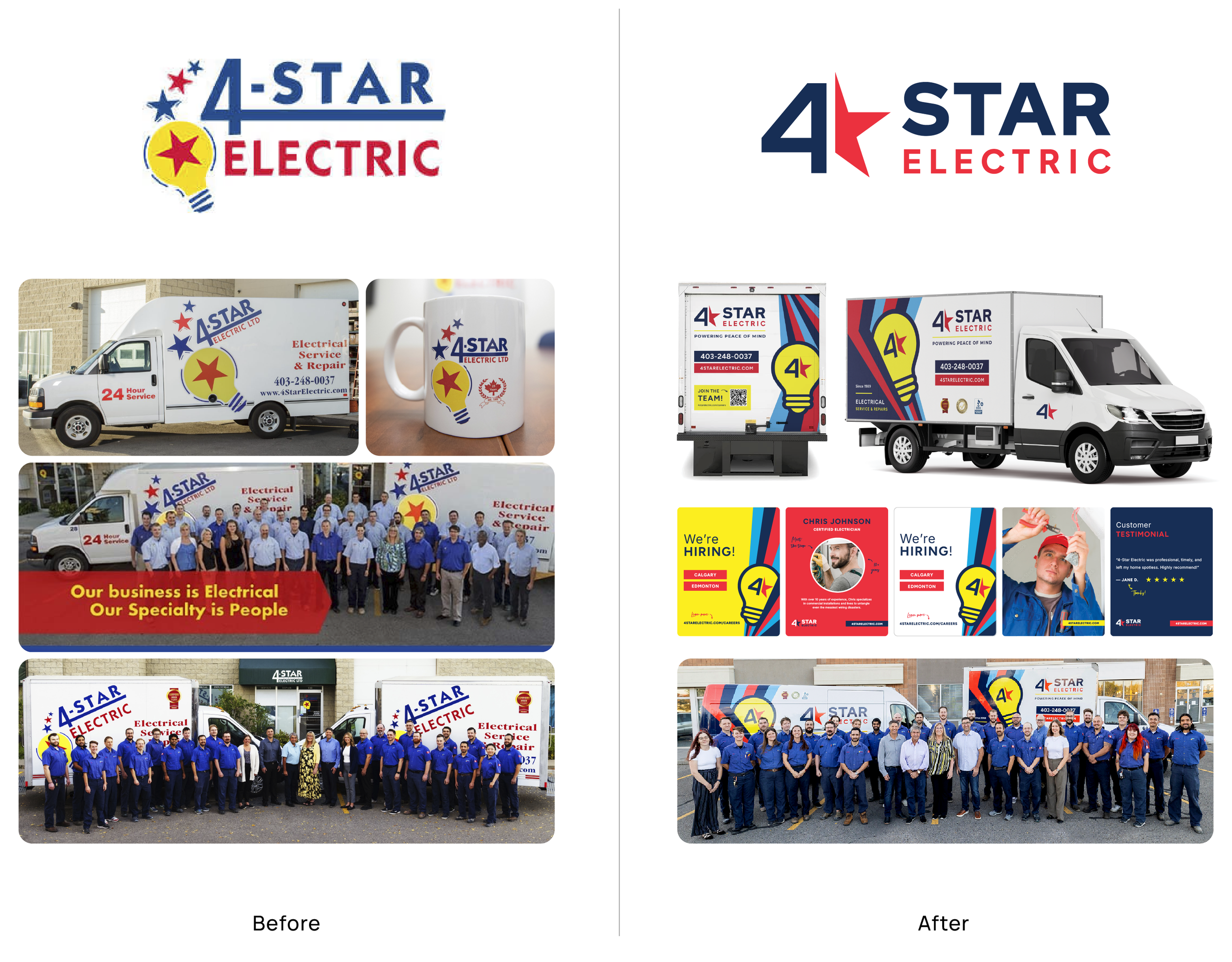 Electrical company brand positioning visual before and after featuring the updated colour palette