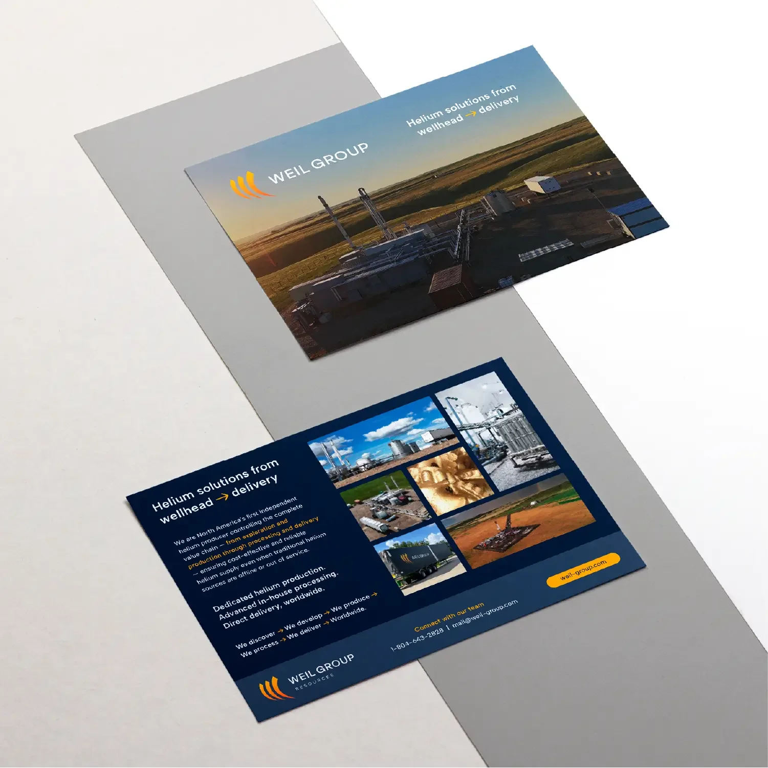 B2B helium producer marketing postcard featuring the refreshed brand