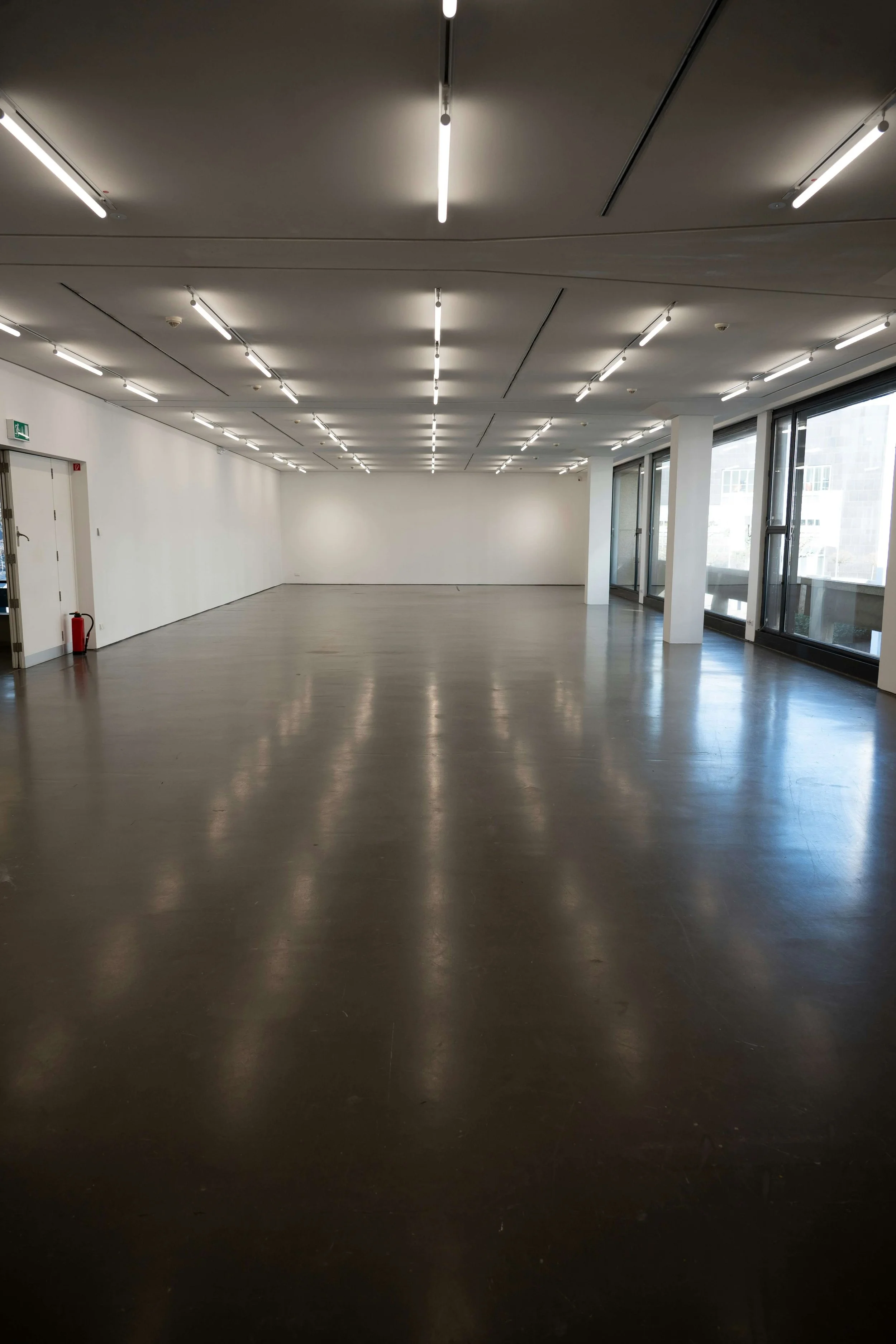 Empty modern interior space with polished dark flooring, white walls, large windows, and a ceiling with multiple linear LED light fixtures.