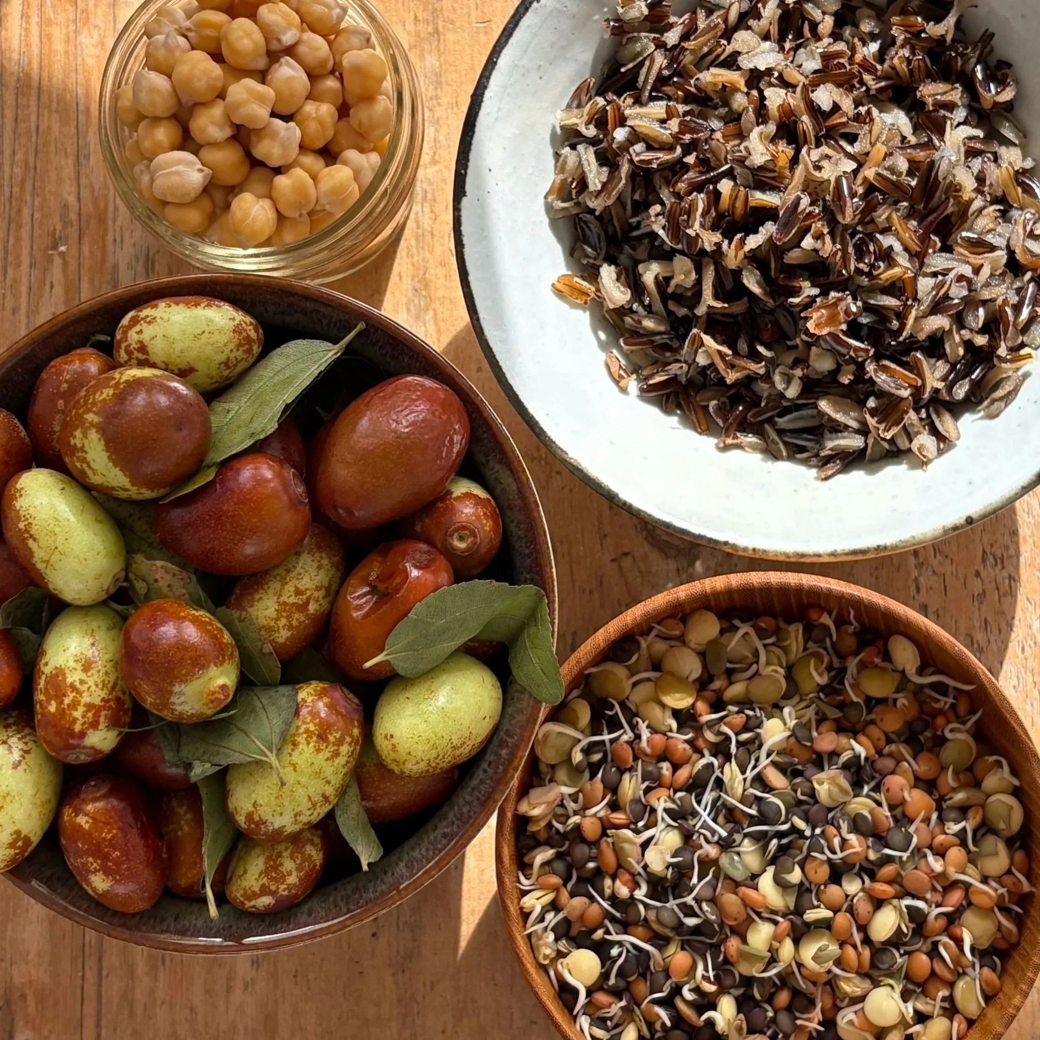 A wooden table with a bowl of jujubes, a bowl of mixed sprouts, a jar of chickpeas, and a bowl of sprouted lentils.