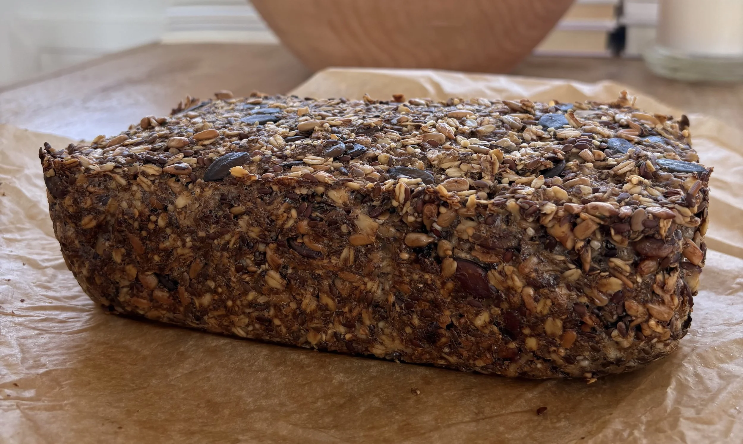 postpartum super seed bread with flax, chia, seseme, pepitas and sunflower seeds