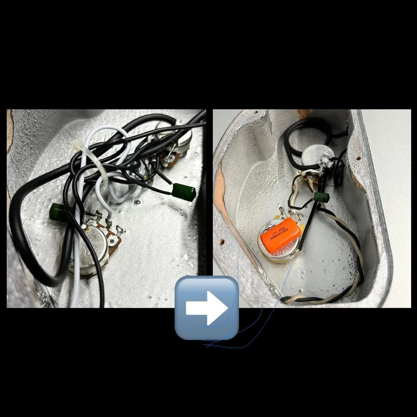 Rewire and Component upgrade for this @officialgretsch Baritone G5260T.  These are affordable upgrades that can make a huge improvement to your guitar&rsquo;s tone.  It also keeps the control cavity looking clean!  I changed out the generic Volume/To