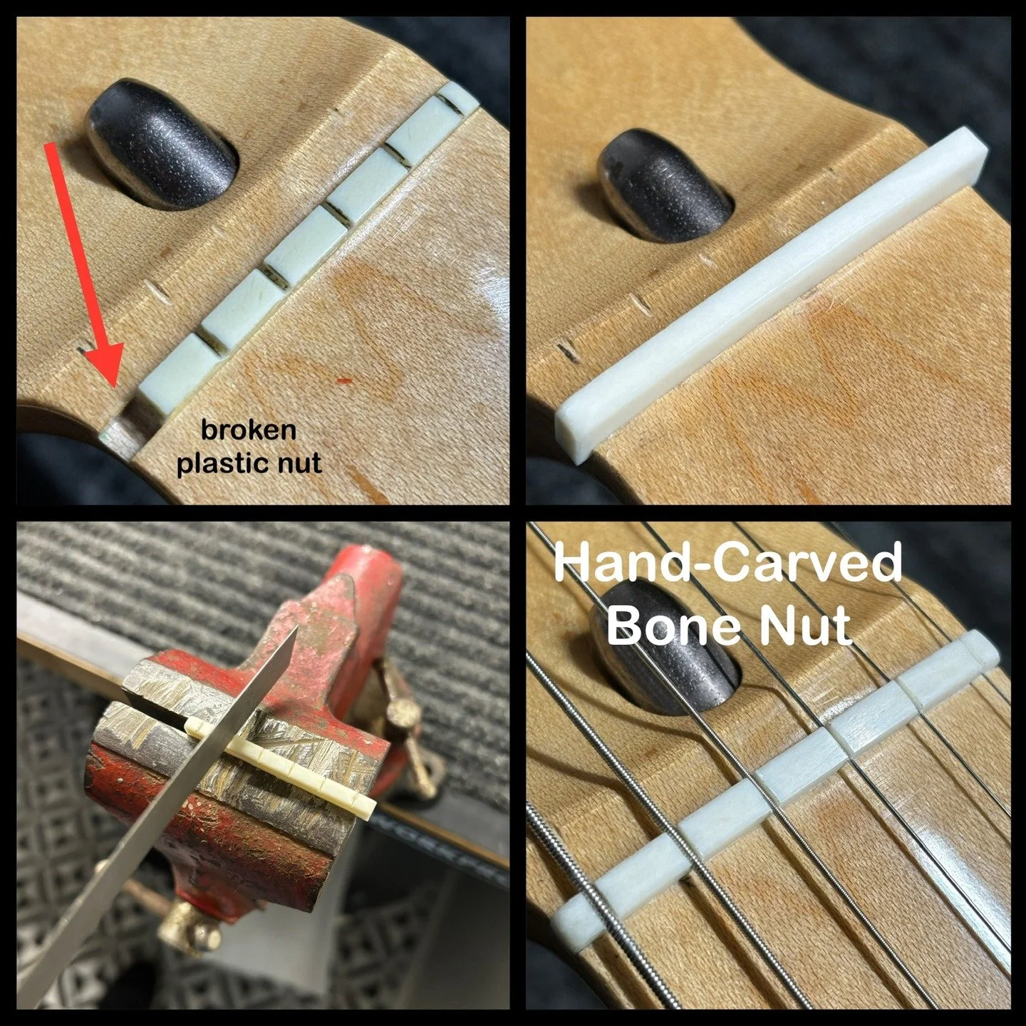 The Guitar &quot;Nut&quot;. Why is it called that? I don't think anyone really knows 😂. But it's critical to a guitar's Tone, Tuning and Playability. String-spacing and slot depths have to be measured to within millimeters and thousandths of an inch