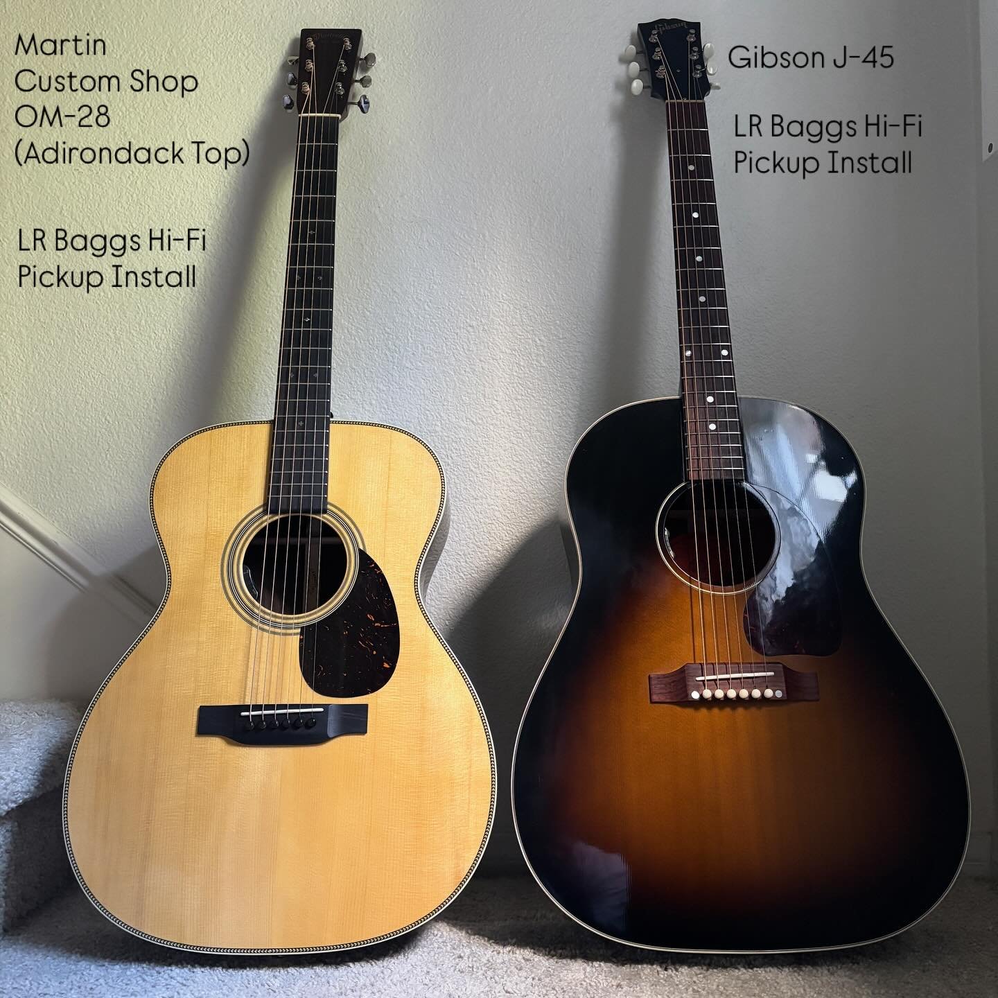 Two pickup installations: @martinguitar Custom Shop OM-28 and @gibsonguitar J-45!  @lrbaggsofficial Hi-Fi soundboard transducers do such a great job at capturing a guitar&rsquo;s true acoustic tone.  Besides the output jack, no drilling required!
#ma