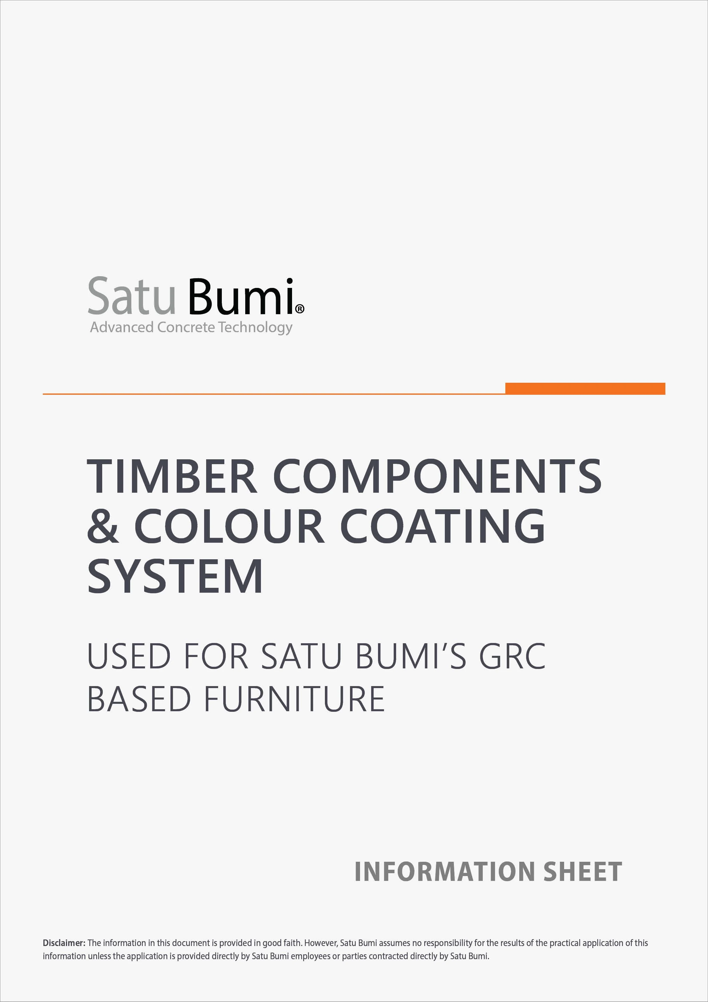 Cover page of an information sheet for Satu Bumi's timber components and color coating system, used for Satu Bumi's GRC-based furniture.