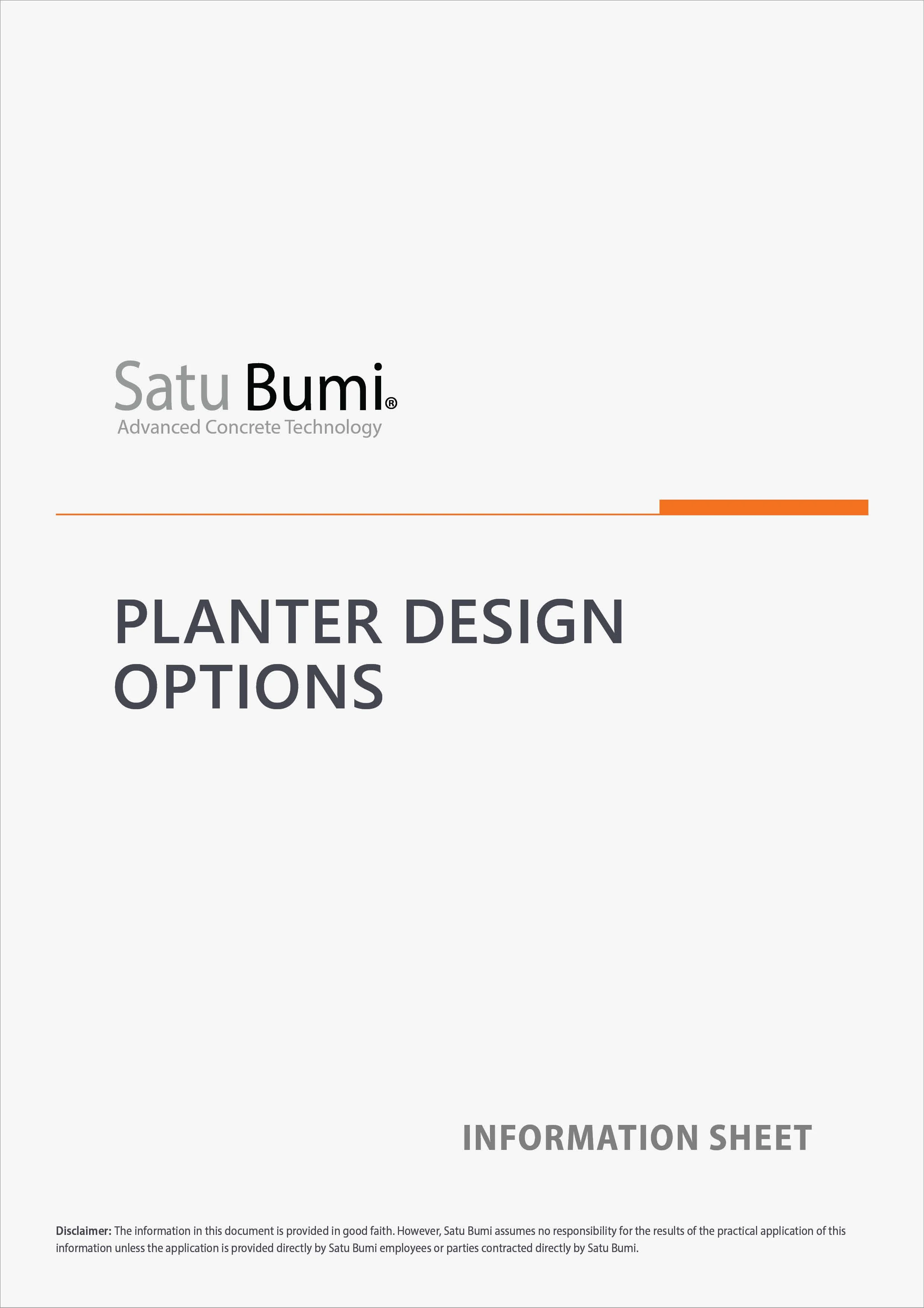 Cover page of an information sheet for Satu Bumi's planters, featuring the Satu Bumi logo, the text 'Planter Design Options,' and a disclaimer at the bottom.